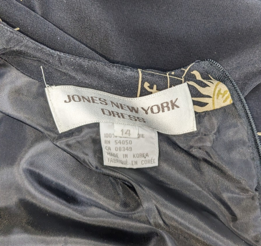 Celestial Silk Dress Jones New York. Black/Gold Sun, Moon 1990s Size 14 Sheath