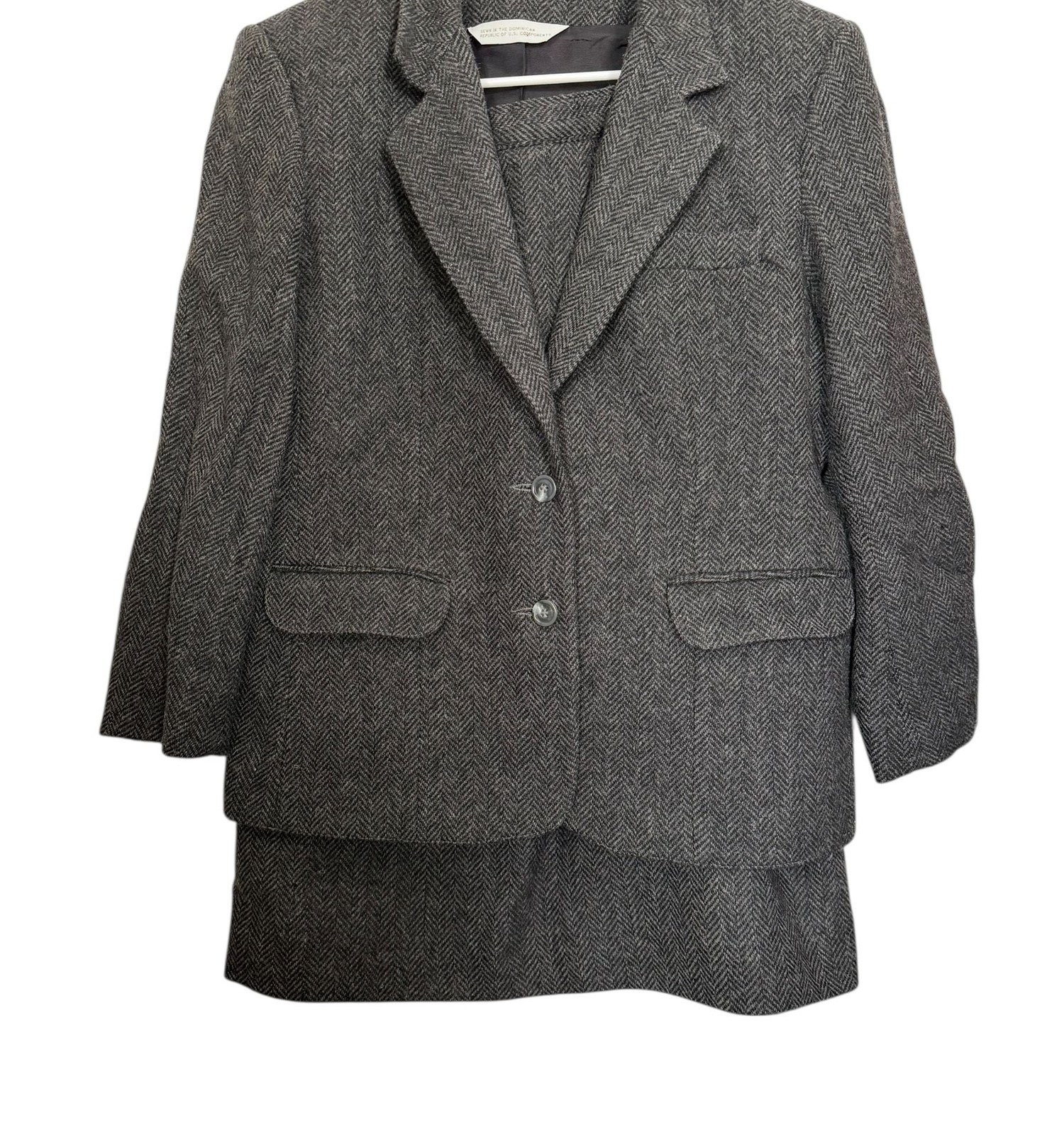 Vintage Barclay Square Gray Herringbone Wool Blend Skirt Suit Set 12 Academia