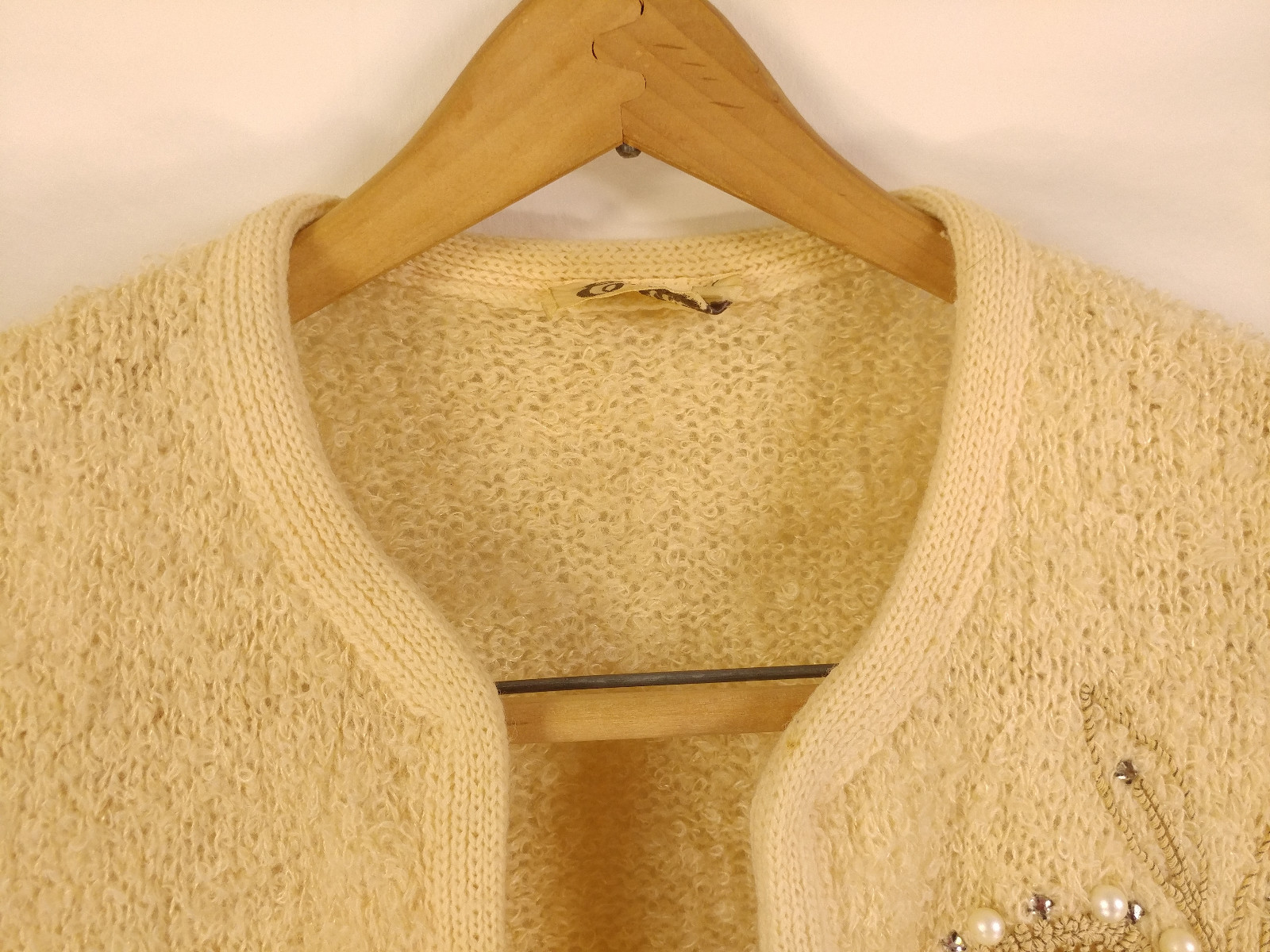 Vtg 50s Glam ETHEL of Beverly Hills Cream Pearl Cardigan Sweater Wool Up to 34″