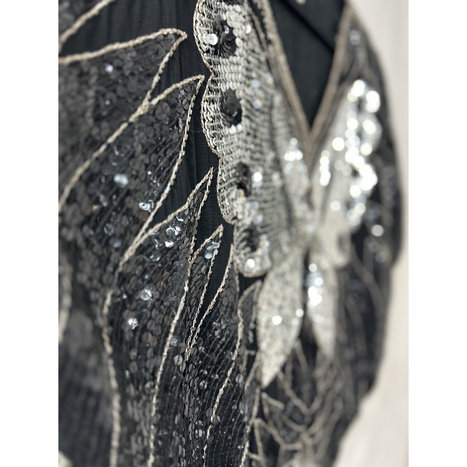 Vintage Butterfly Sequin Silk Top OS Black Silver Beaded Glam Art Deco Gatsby