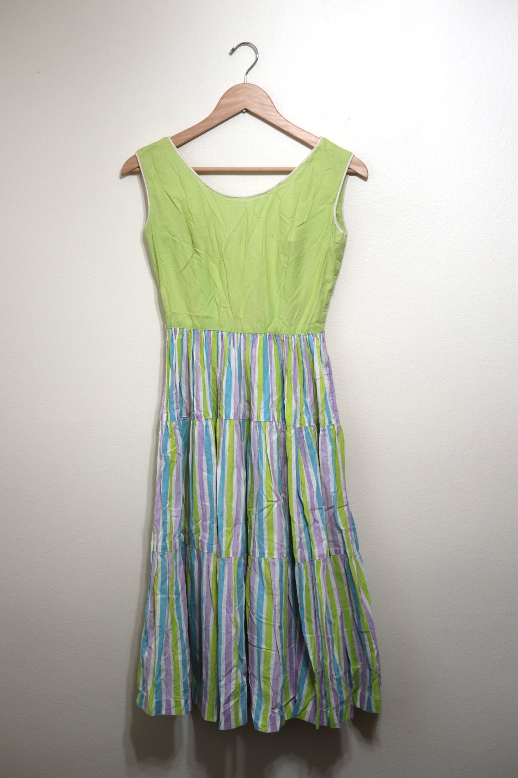 50s Abby Kent Chartreuse Stripe Sleeveless Tiers Full Skirt Day Dress Women XS 0
