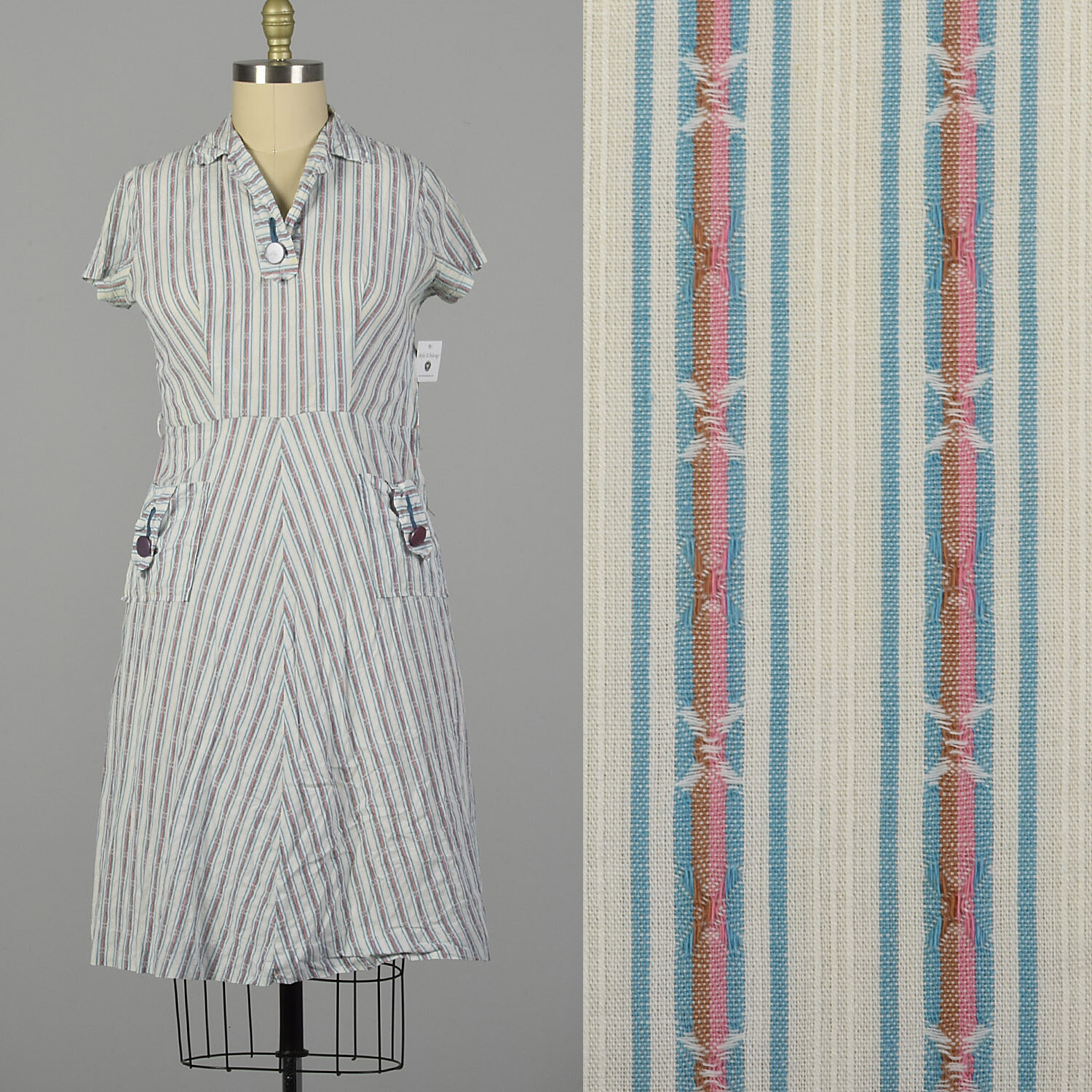 XL 1950s Day Dress Volup Lightweight Striped Casual Cotton Short Sleeve Vintage