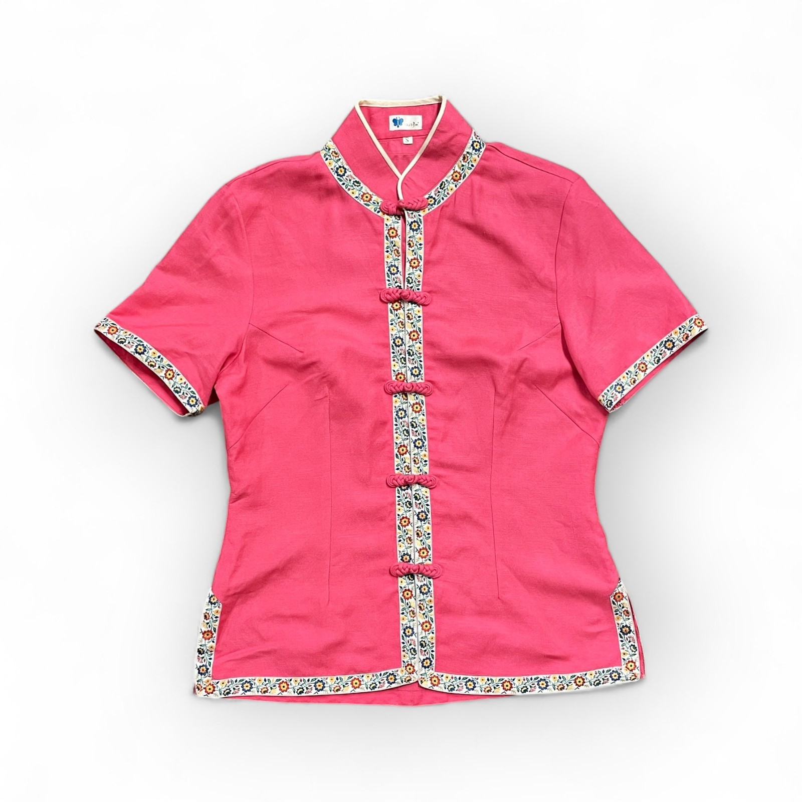 Vintage 90s Chinese Blouse Pink Floral Trim Frog Buttons Size Small