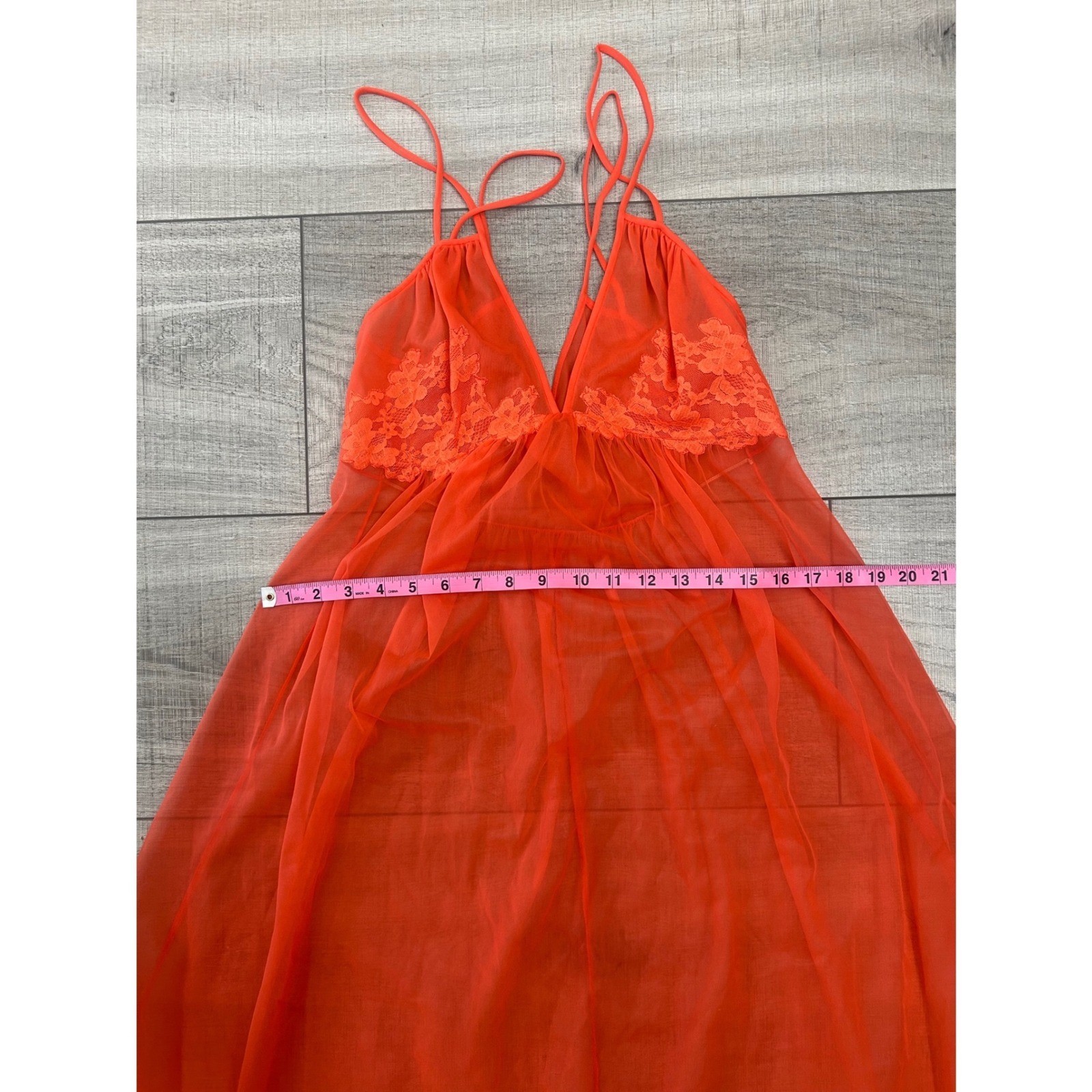 Vintage Orange Sheer Maxi Nightgown Lace Trim Double Strap Sleepwear Dress