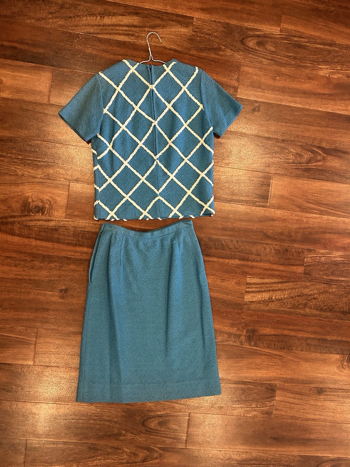 Vintage Apollo Knits 2 Piece Skirt Set Teal Blue Argyle Knits 1960’s Mod Dress