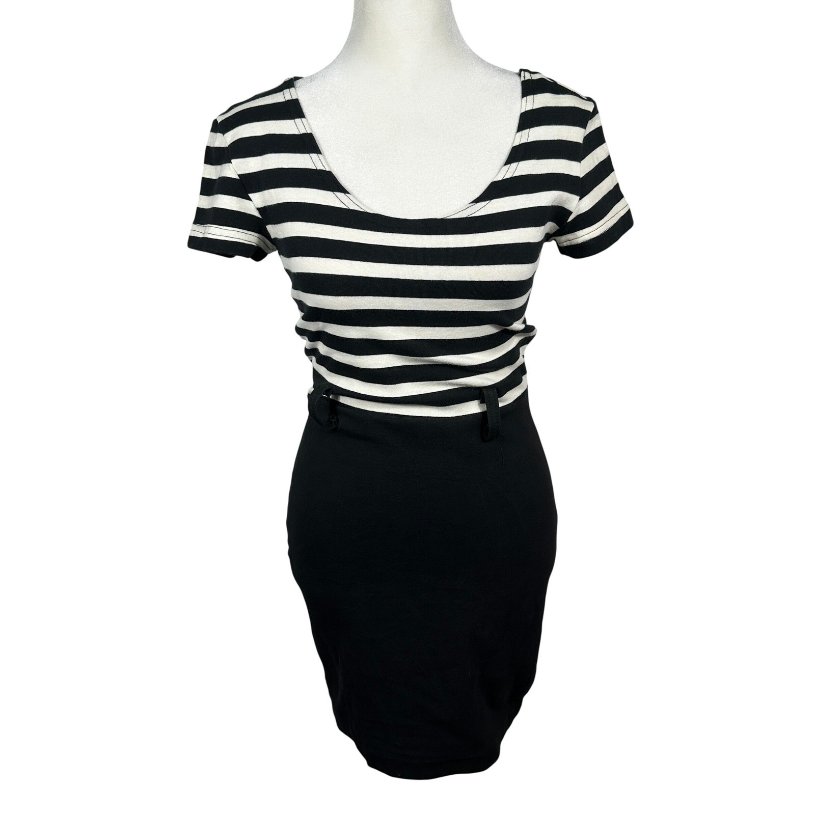 Vintage YES Black White Striped Colorblock Bodycon Dress 90s Stretch Medium