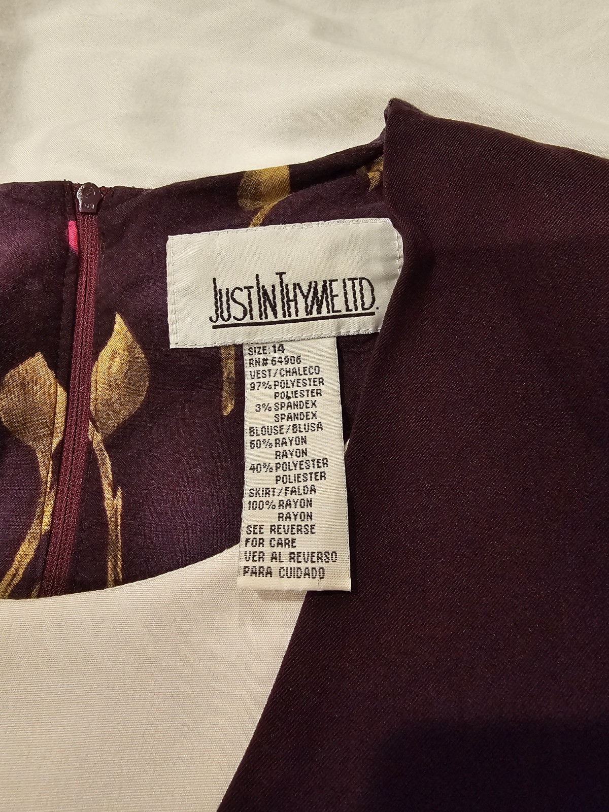 VTG Just In Thyme Dress Purple Rose 80s 90s Tie Waist Vest Size 14 WHIMSIGOTH