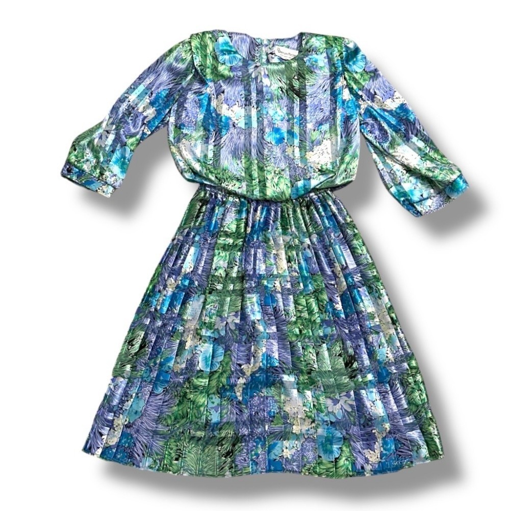 Vintage 80s Damon Petite Floral Pleated Dress Womens Size 8 Union Made USA Retro