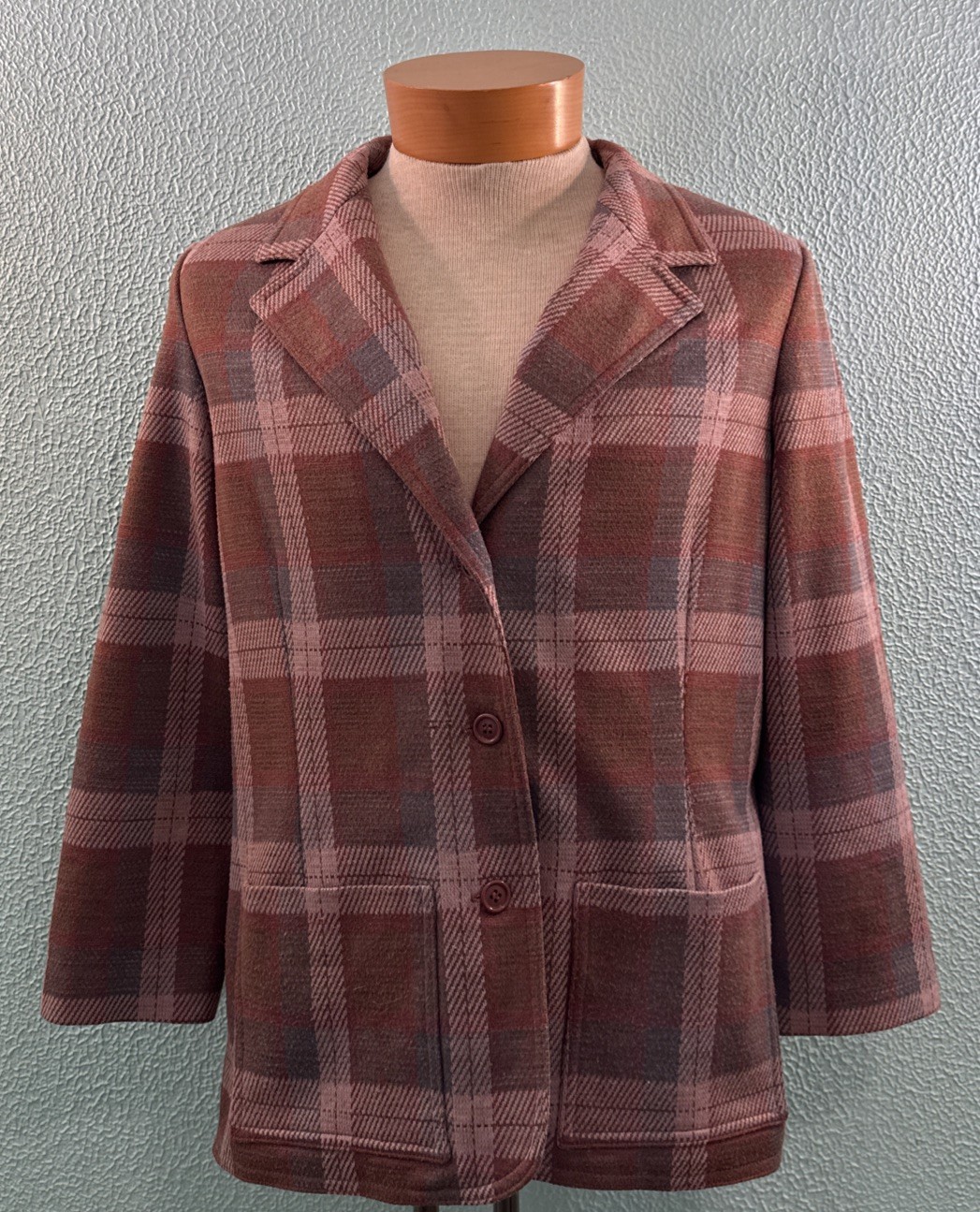 Vintage Blazer Butte Knit Size S/M 60s Caramel Plaid Doubleknit Fabric Made USA