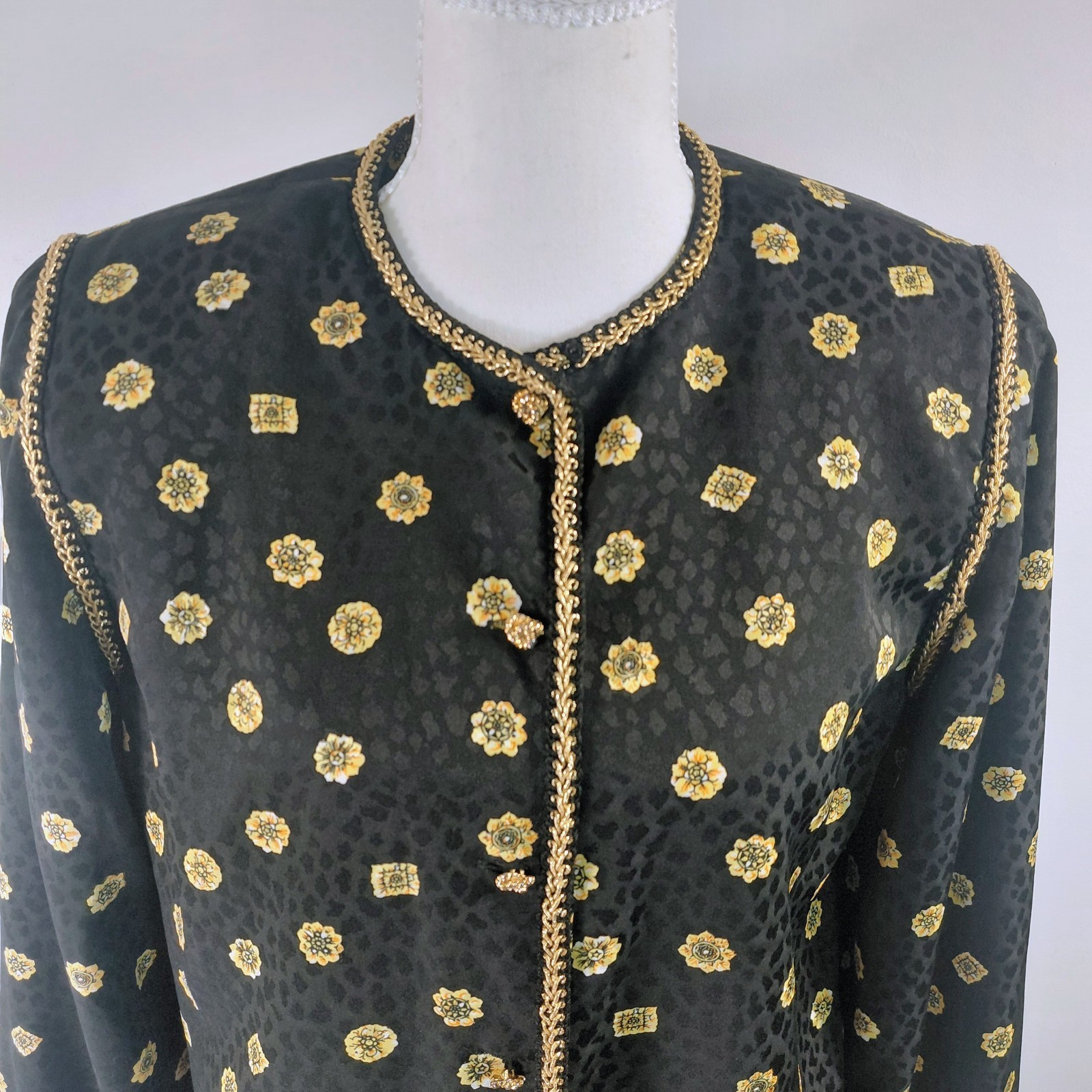 VTG Maggy London Brocade Blouse 4 Black Gold Jacquard Fleur-de-lis Coquette…