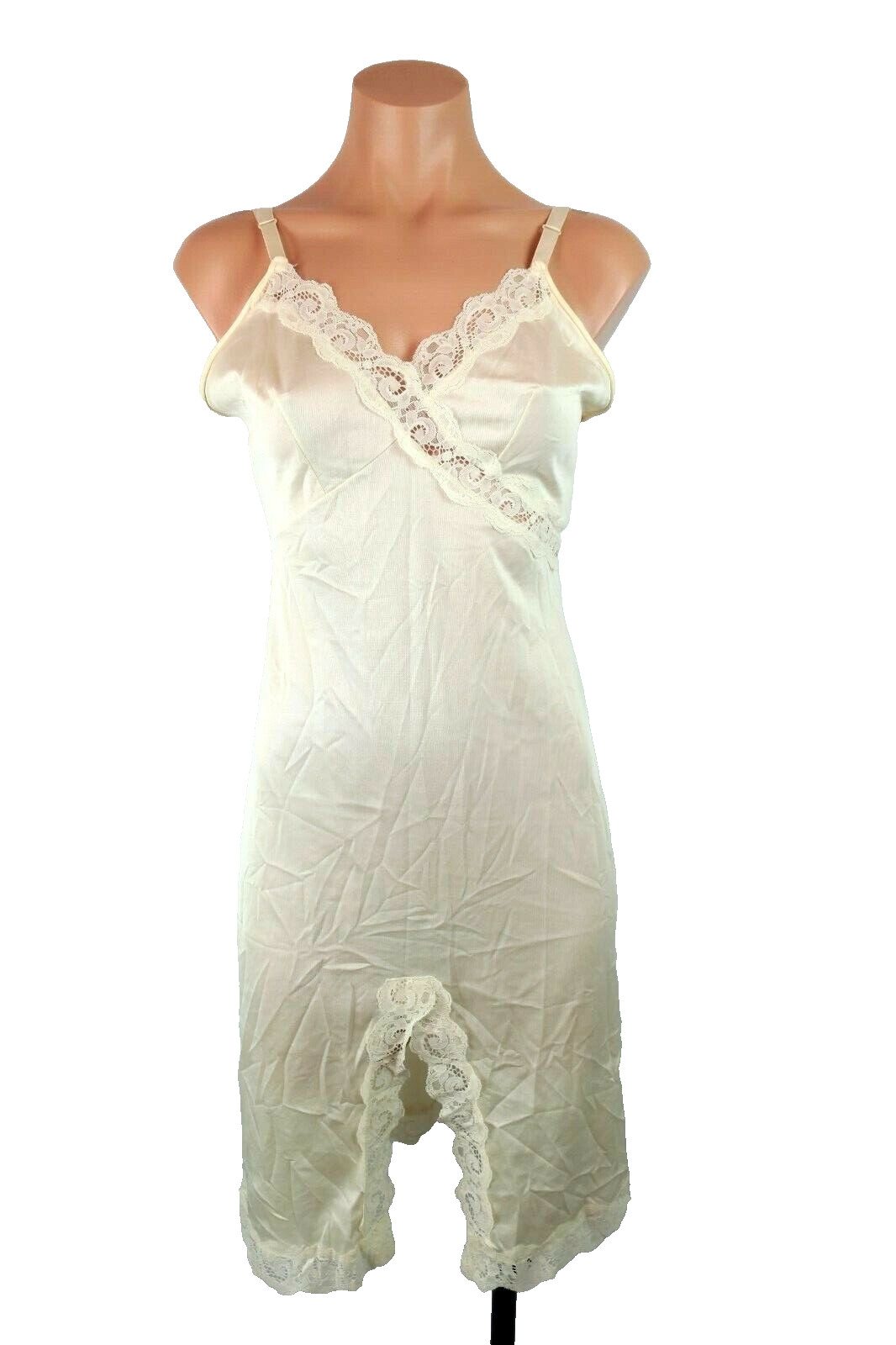 VTG 80s Night Gown French Alencon Lace Texsheen Full Slip Lingerie sz 34 Nude