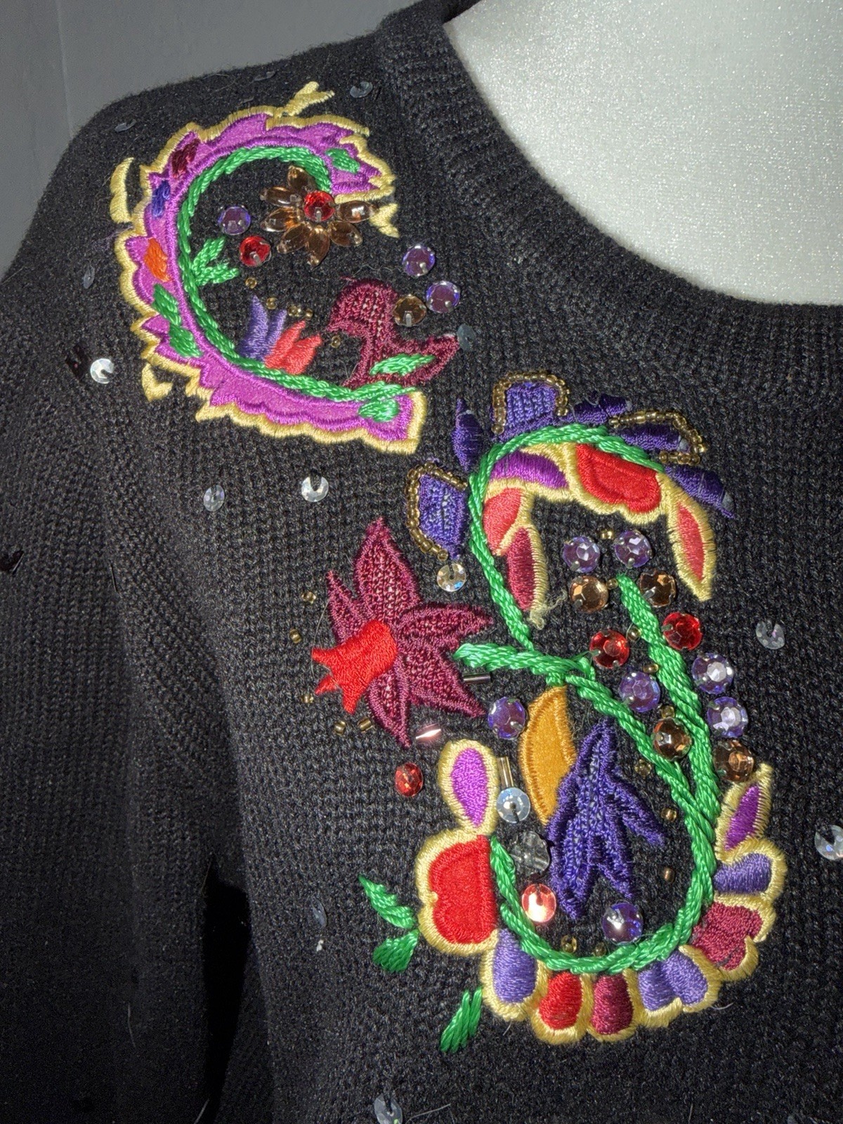 Jack B Quick Button Cardigan Sweater Size Large Sequins Beads Rhinestones Black