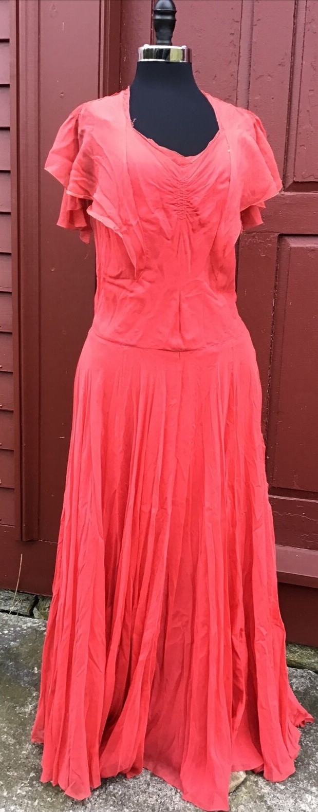 TRUE VINTAGE 1930’S 40S HOT PINK CHIFFON EVENING GOWN BEAUTIFUL DRAPE & DESIGN