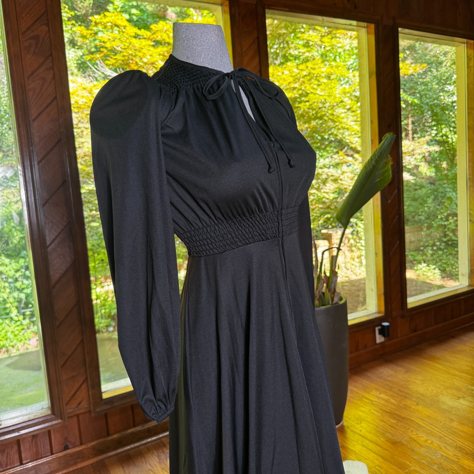 Vintage 70s Young Edwardian by Arpeja Smocked Black Dress Gothic Romantic Small