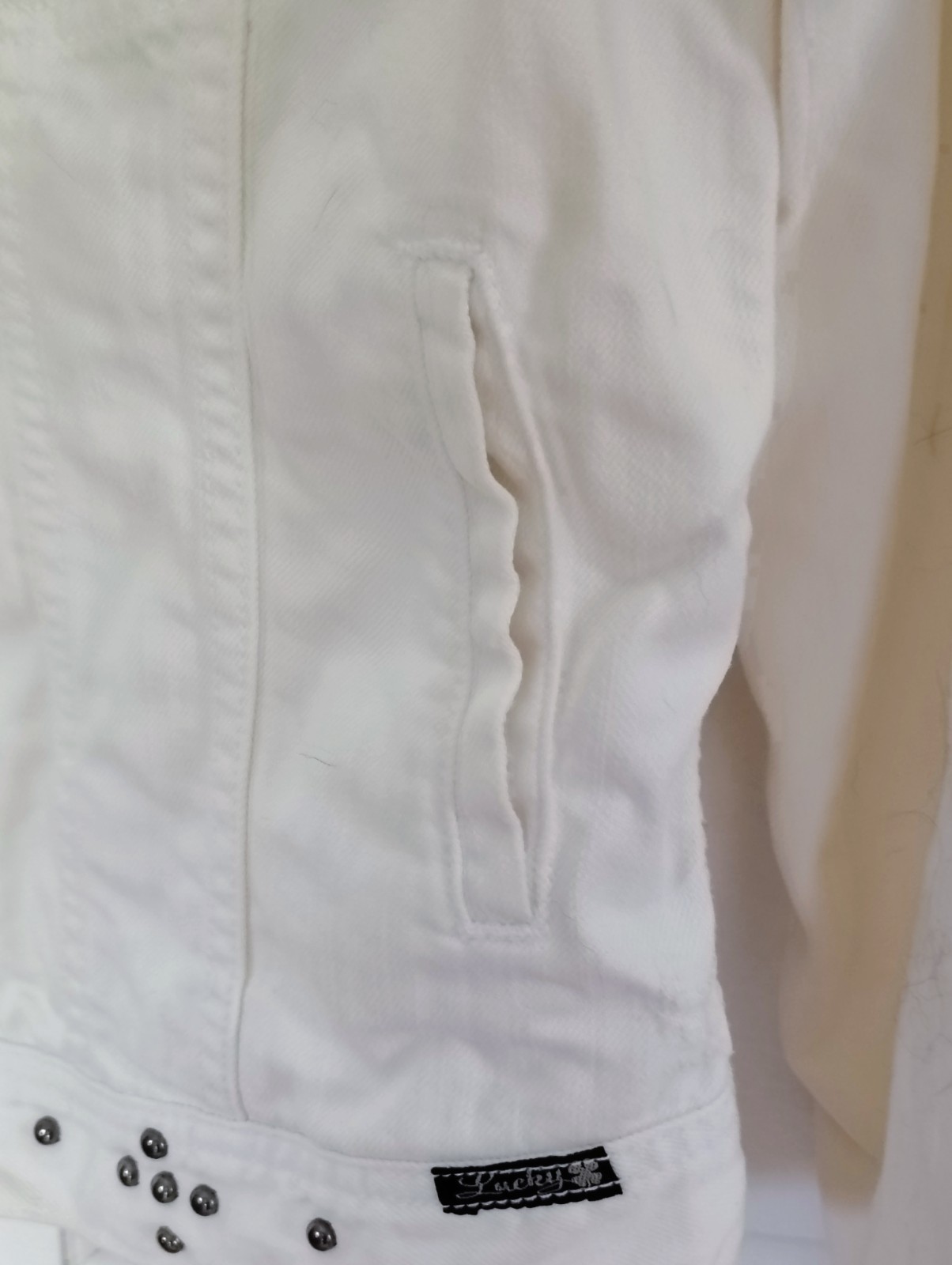 Lucky Brand Studded Denim Jacket XL White Cream Heavy Metal Studs Boho Medallion