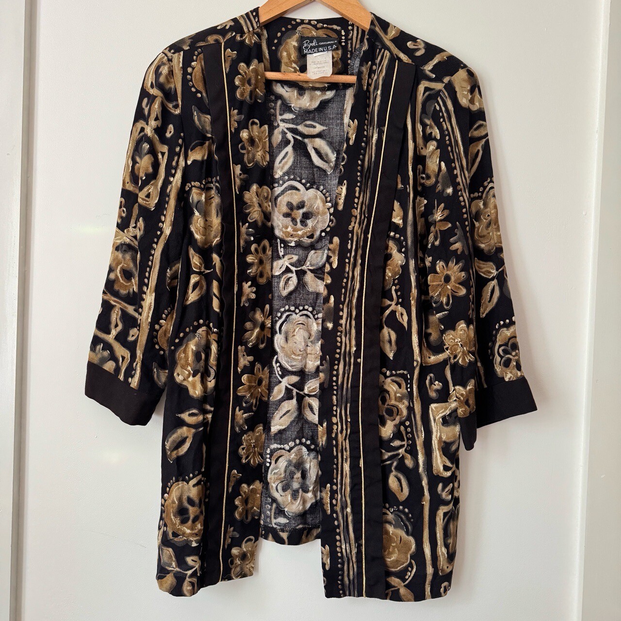 Vintage 90s Brown Kimono Jacket Sz M Floral Layer Boho Artsy Earthy Rayon USA