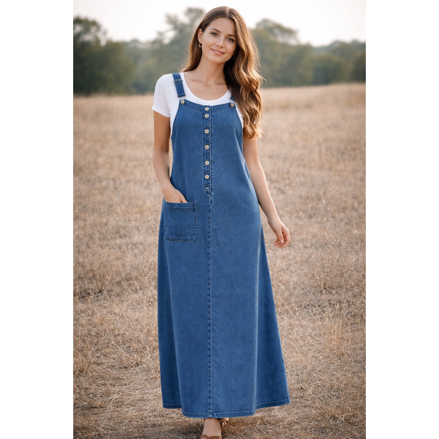 Vintage Denim Overall Pinafore Dress Women XL Maxi Blue Cotton Lyocell