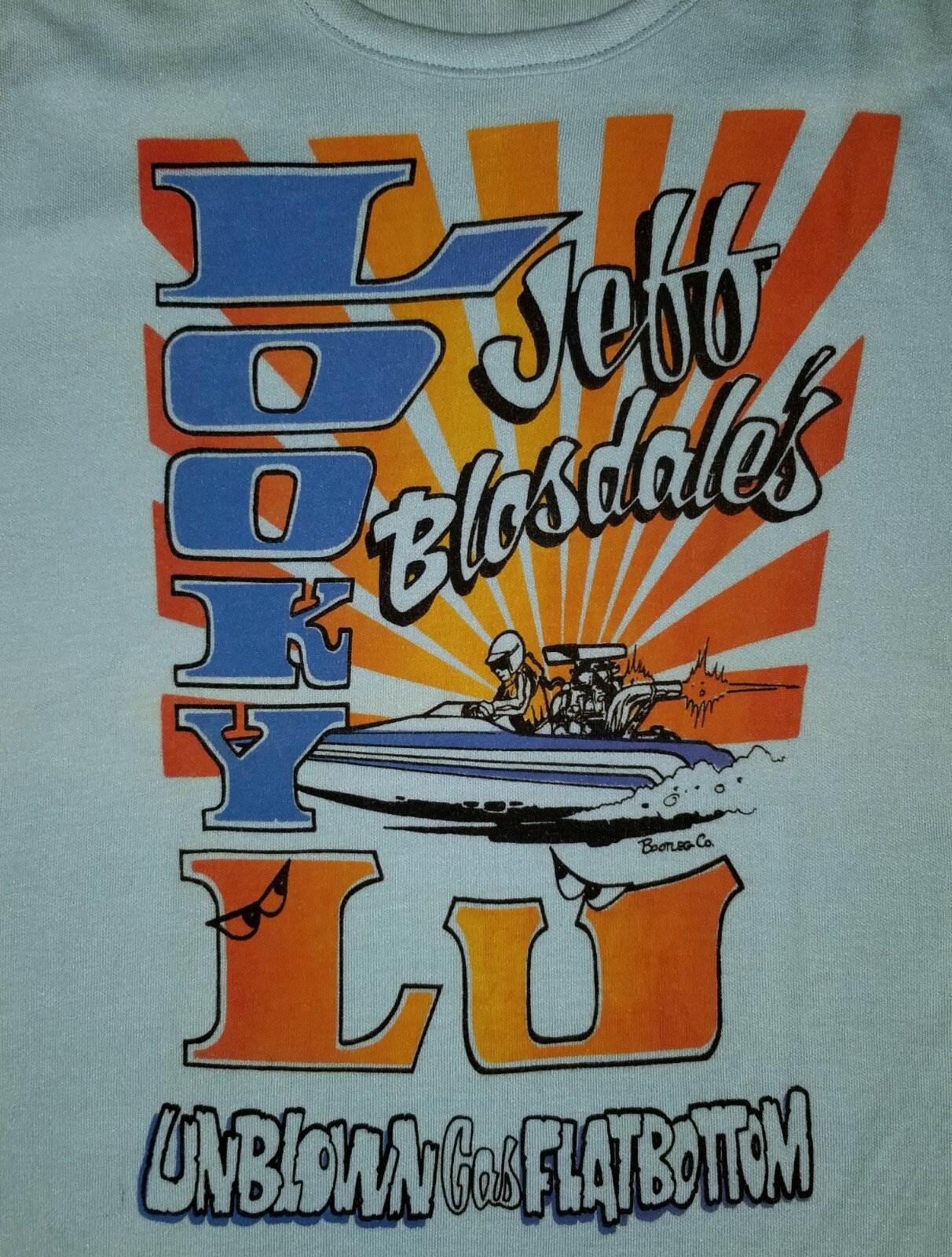 VTG 1980s DRAG BOAT RACING FUN TEES T-SHIRT V NECK WOMAN MEDIUM M TOP BLUE JET