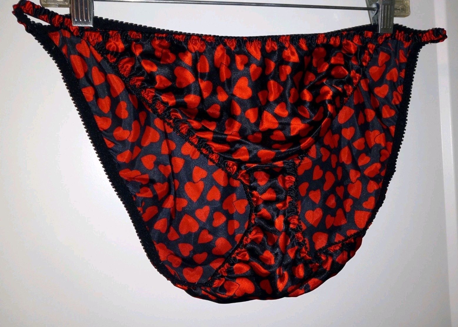 Vintage 90s Avon Red Heart Silky Satin Black String Bikini Panties L XL EUC