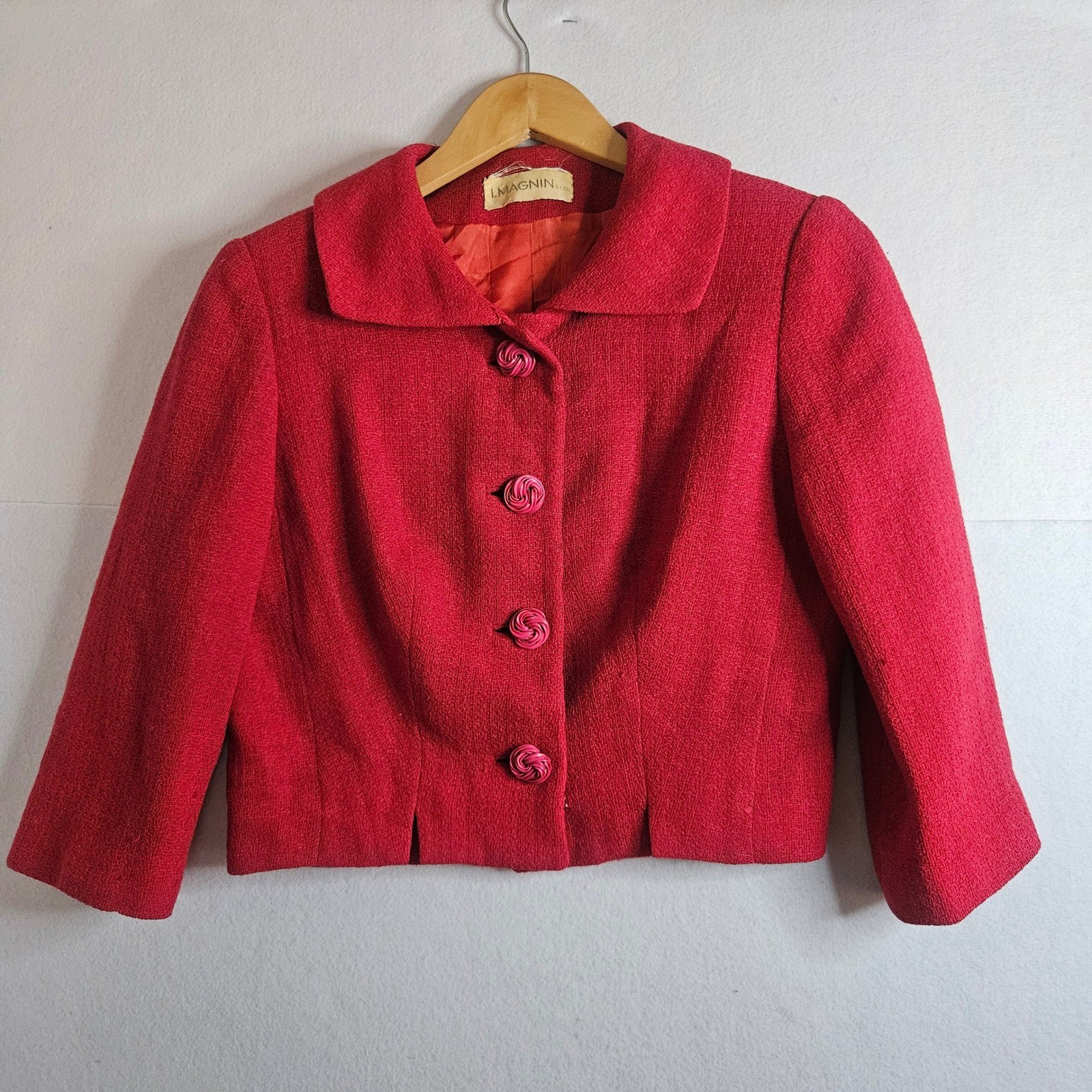 Vintage I. Magnin Red Cropped Jacket Textured Wool Boxy Peter Pan Collar 50s 60s