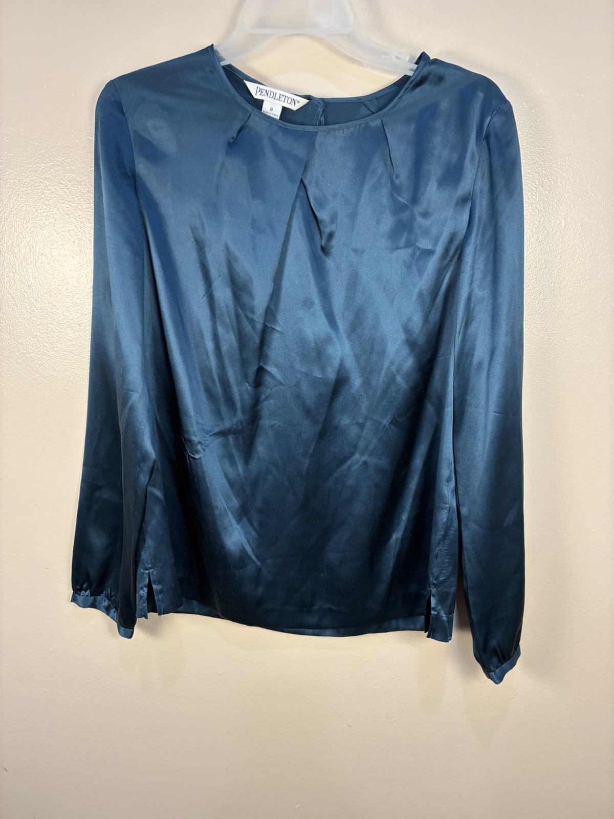 VTG Pendleton 100% Silk Pleat Front Blouse 8 Forest Green Long Sleeve