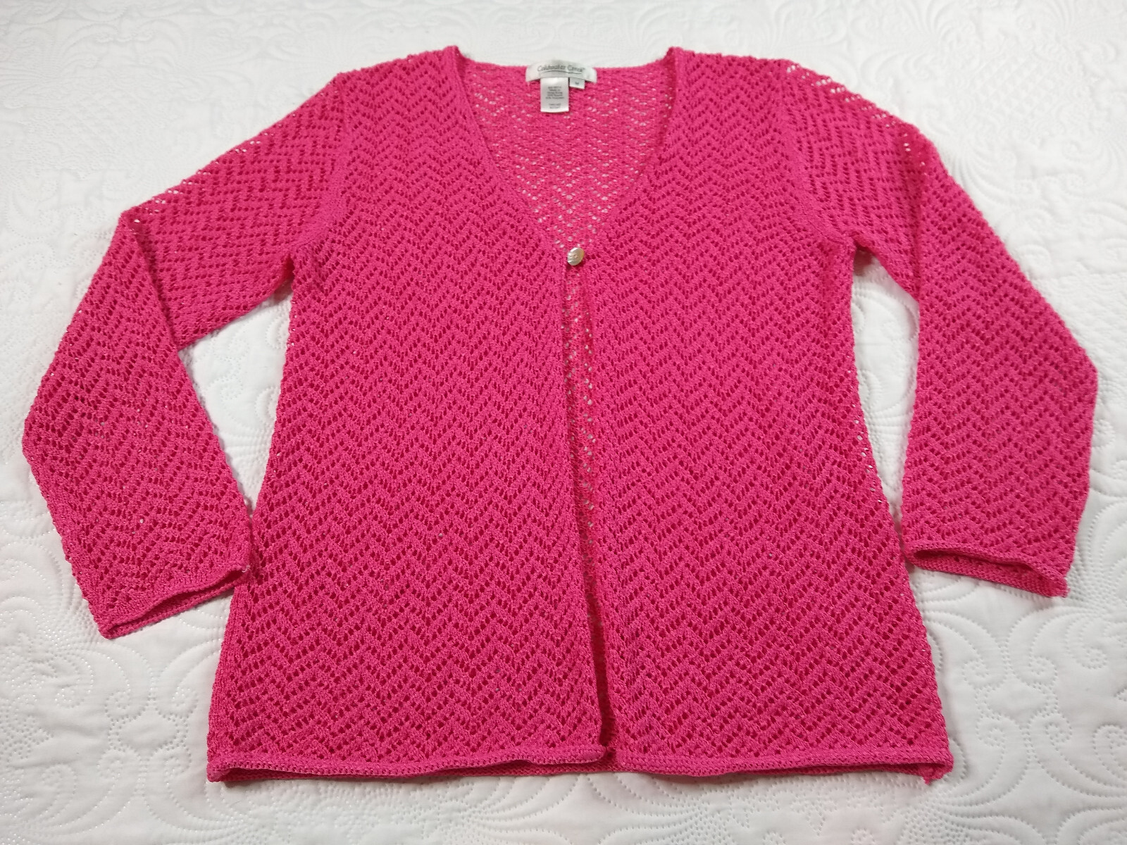Coldwater Creek 1-Button Open Cardigan Women’s M Pink Crochet Open Weave Vtg 90s