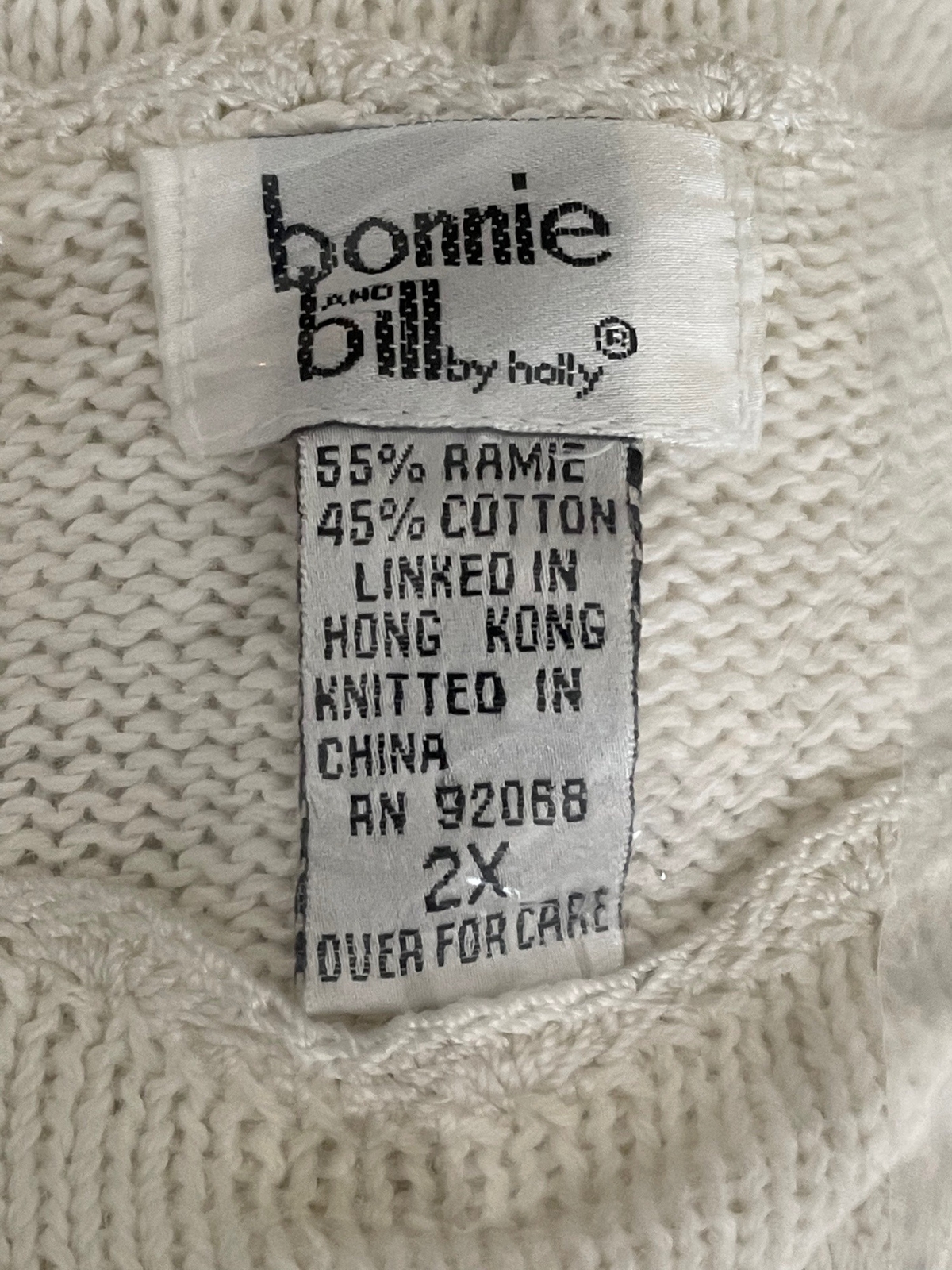 Bonnie and Bill Vintage Cream Scallop Edge Lace, Ribbon & Pearl Knit Sweater, 2X