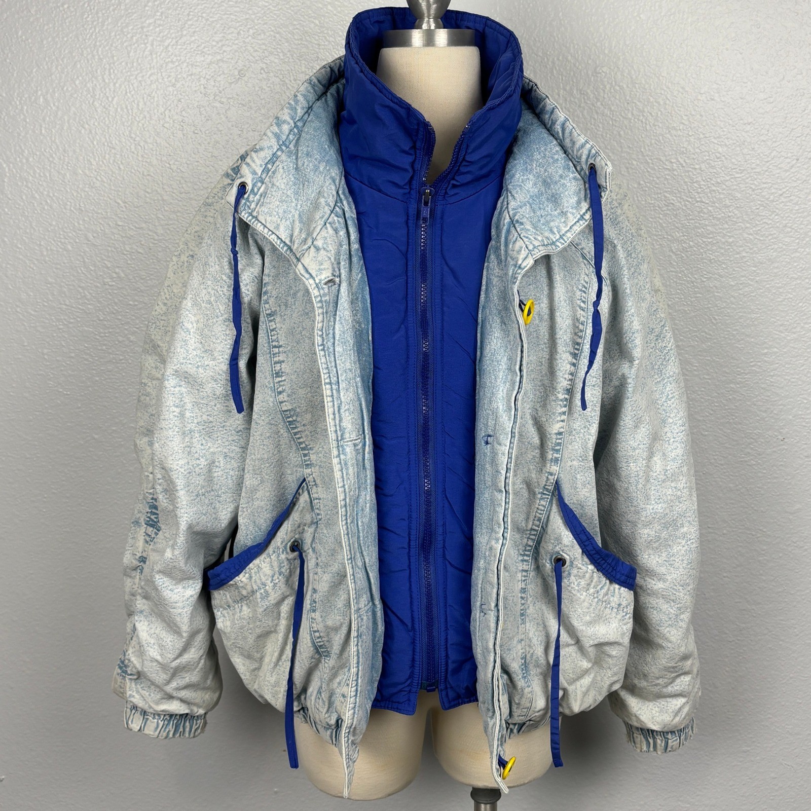 Vintage 90s Gitano Acid Wash Denim Bomber Jacket Blue Yellow Women’s Small