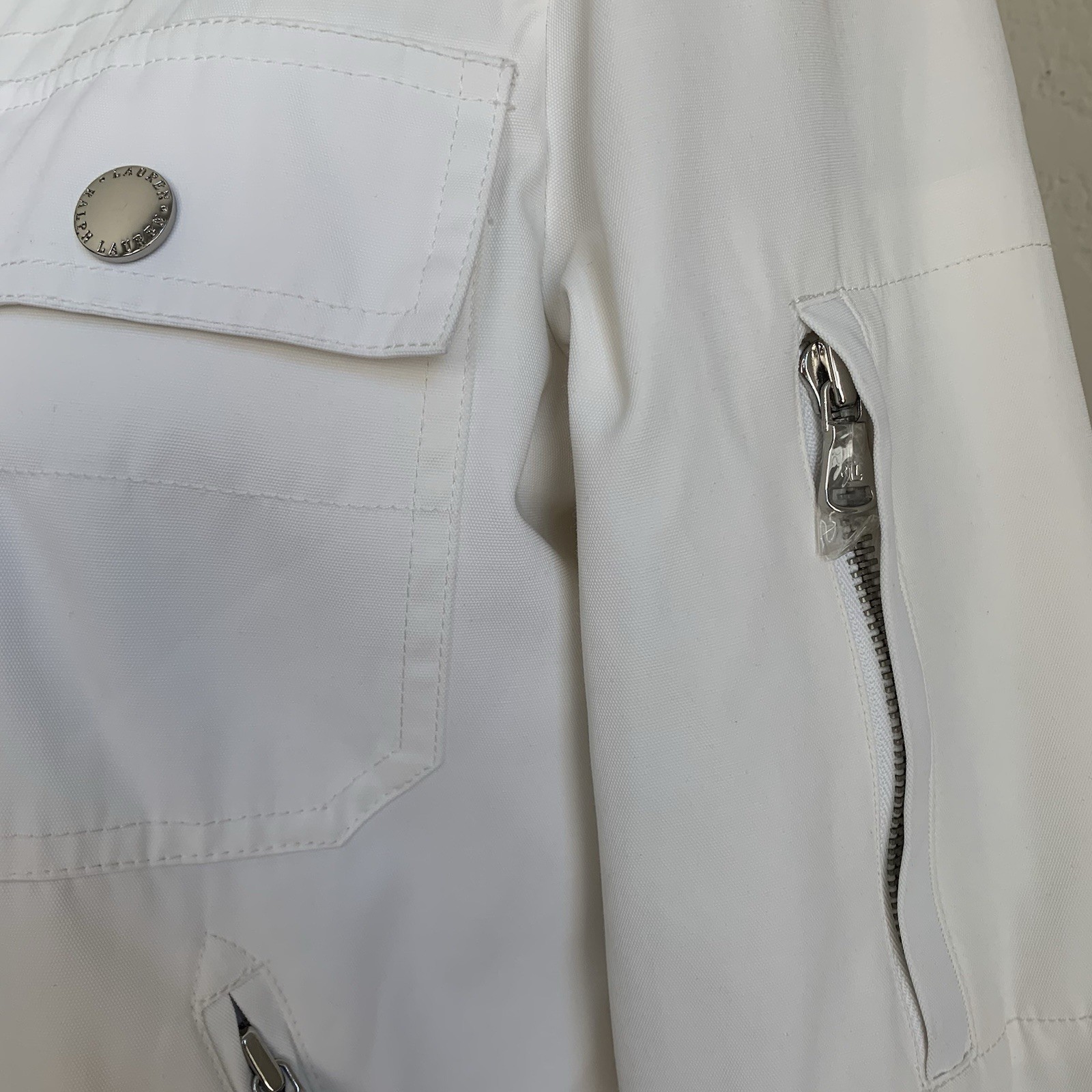 VTG Lauren Ralph Lauren Fireman Jacket M White Nylon Insulated Lobster Clasp Y2K