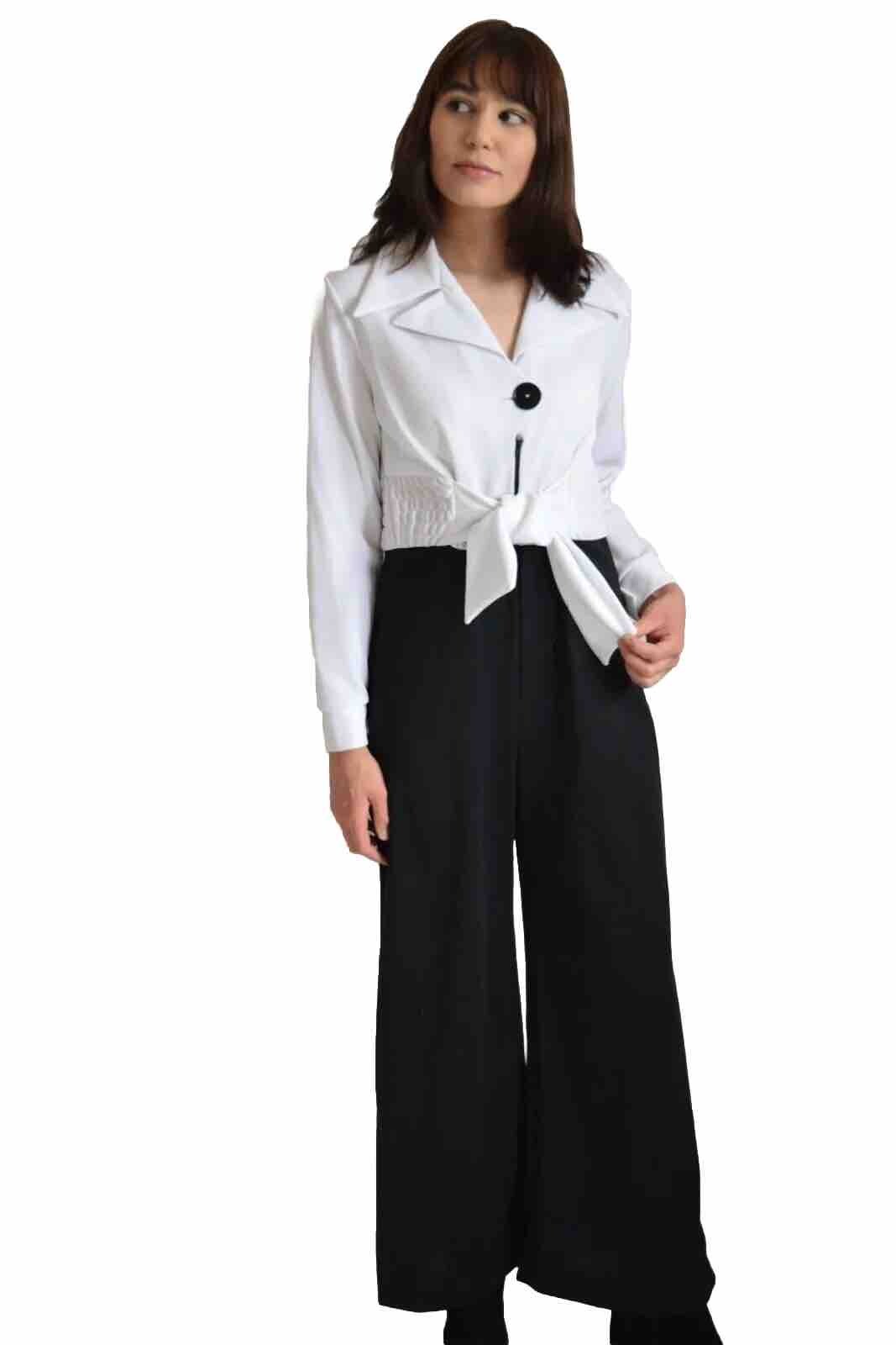 VTG 60s Mod Black & White Jumpsuit Palazzo Wide Leg Pants White Blouse USA Sz 14