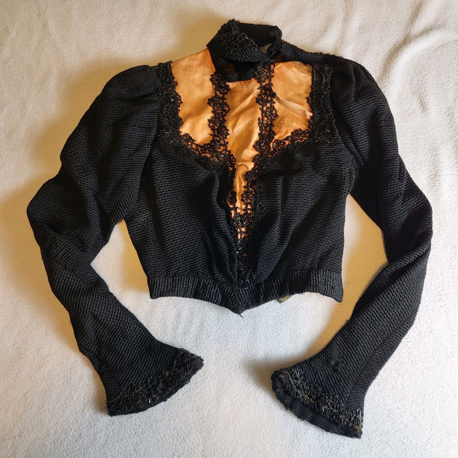Antique 1890s 1900s Victorian Black Beaded Evening Bodice Lace Top Silk Cotton