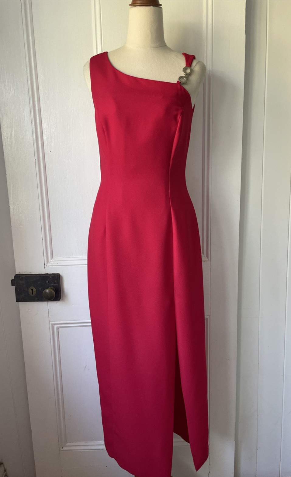 90s Minimalist Size AU 8 XS Red One Shoulder Silver Chain Evening Dress Y2K EUC