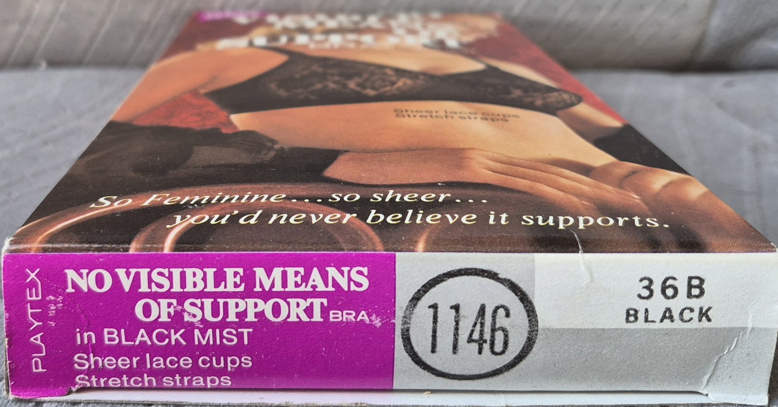 1972 PLAYTEX NO VISIBLE MEANS OF SUPPORT BRA 1148 BLACK MIST 36B New In Box
