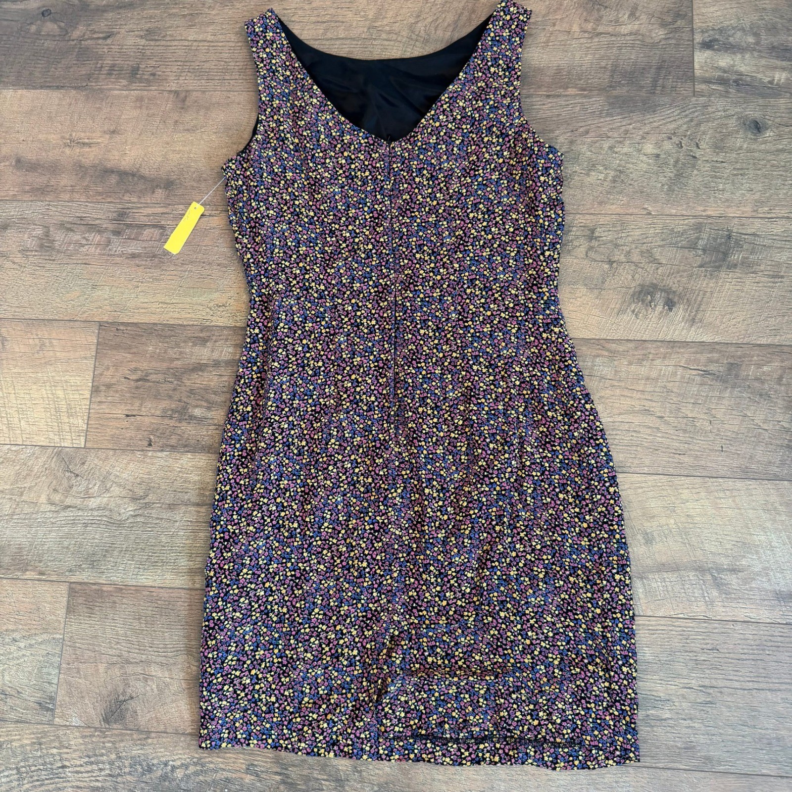 Mica Vintage 90s Ditsy Floral Sleeveless Sheath Dress Black Size 10 Made in USA