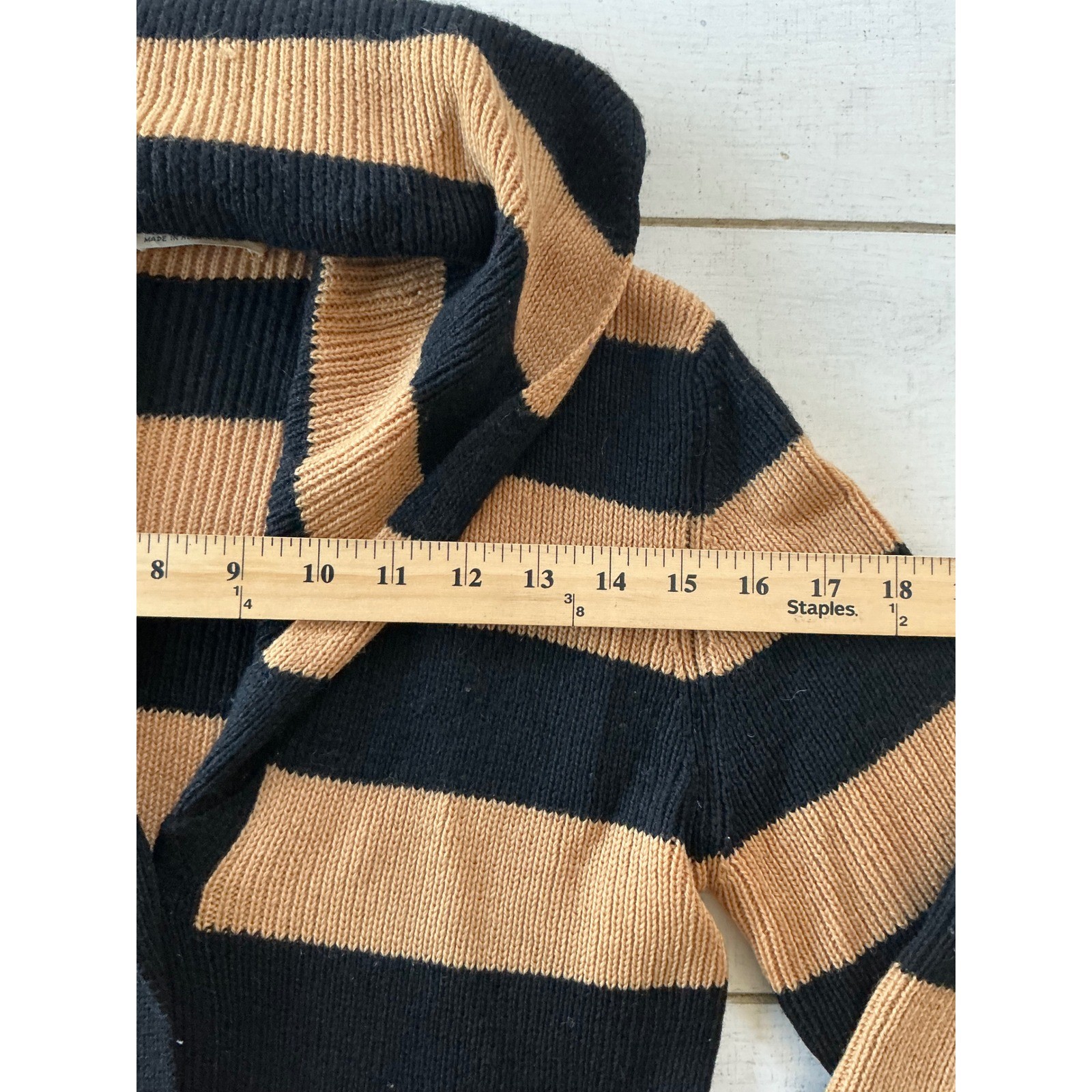 Vintage Riki for Crazy Horse 100% Wool Striped Hooded Cardigan Sweater Tan Black