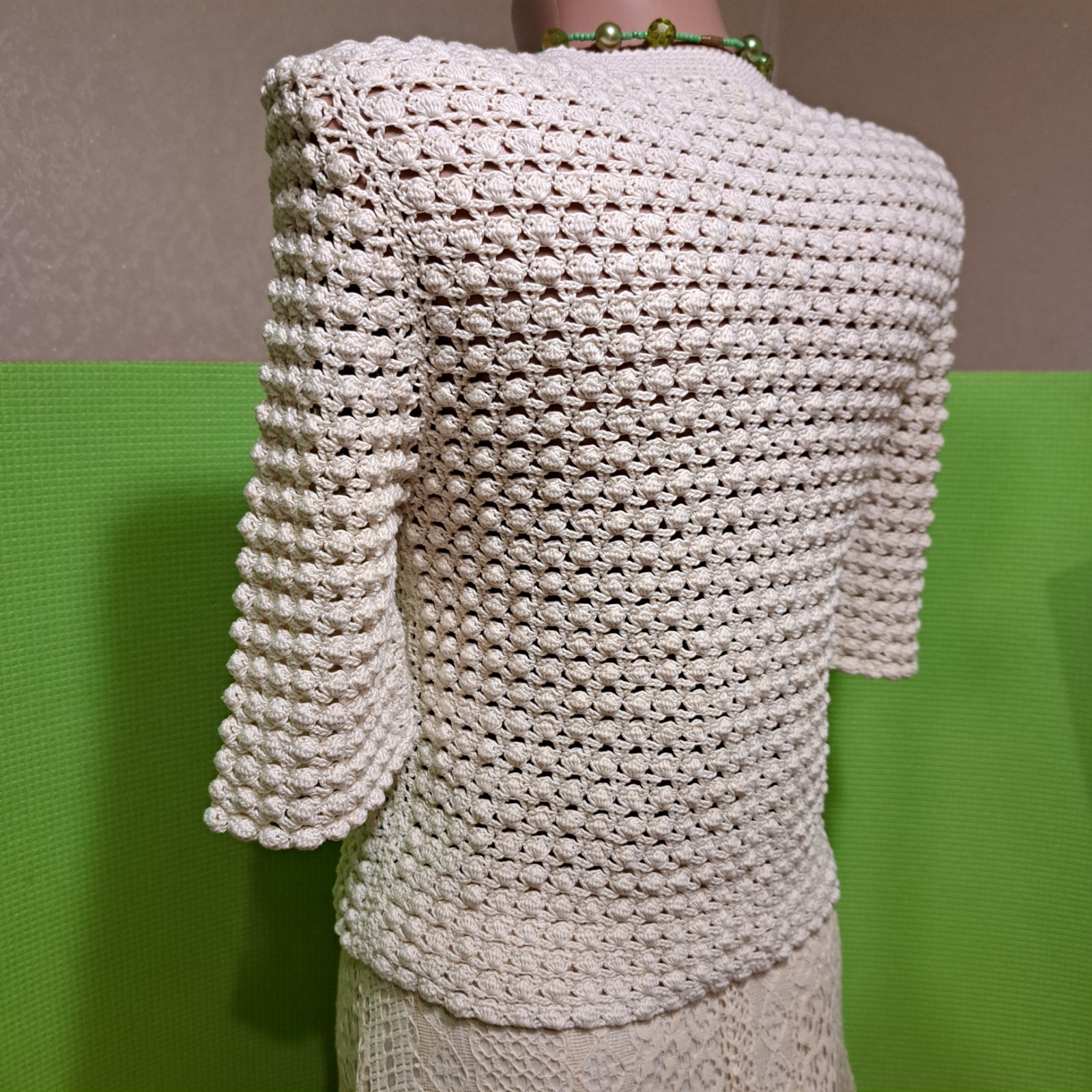 Vintage 80s 90s Handmade Crochet Cardigan Ivory MOP Buttons Ukrainian Handcraft
