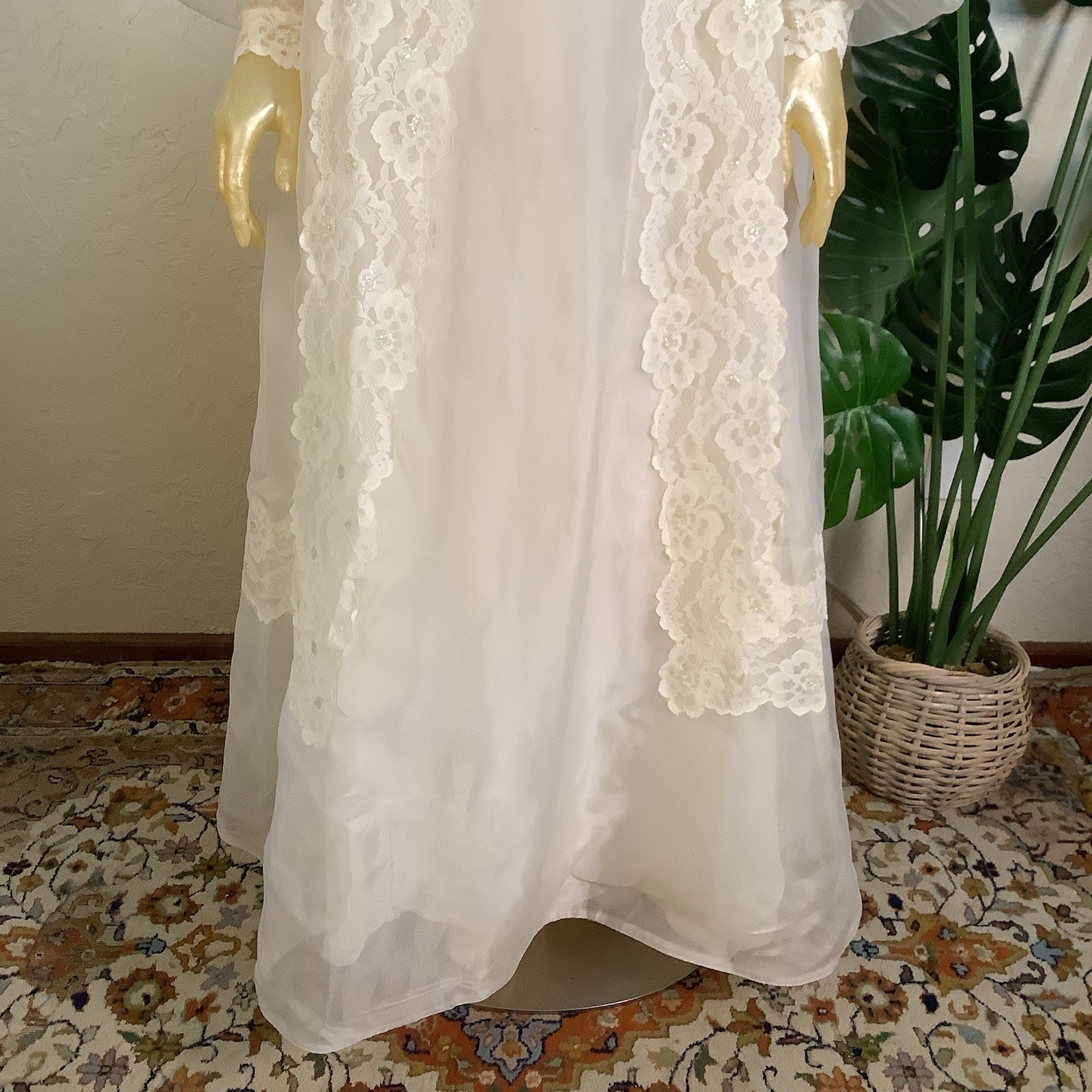 1970s Bridal Originals Regency Inspired Empire Waist Lace Wedding Dress & Train