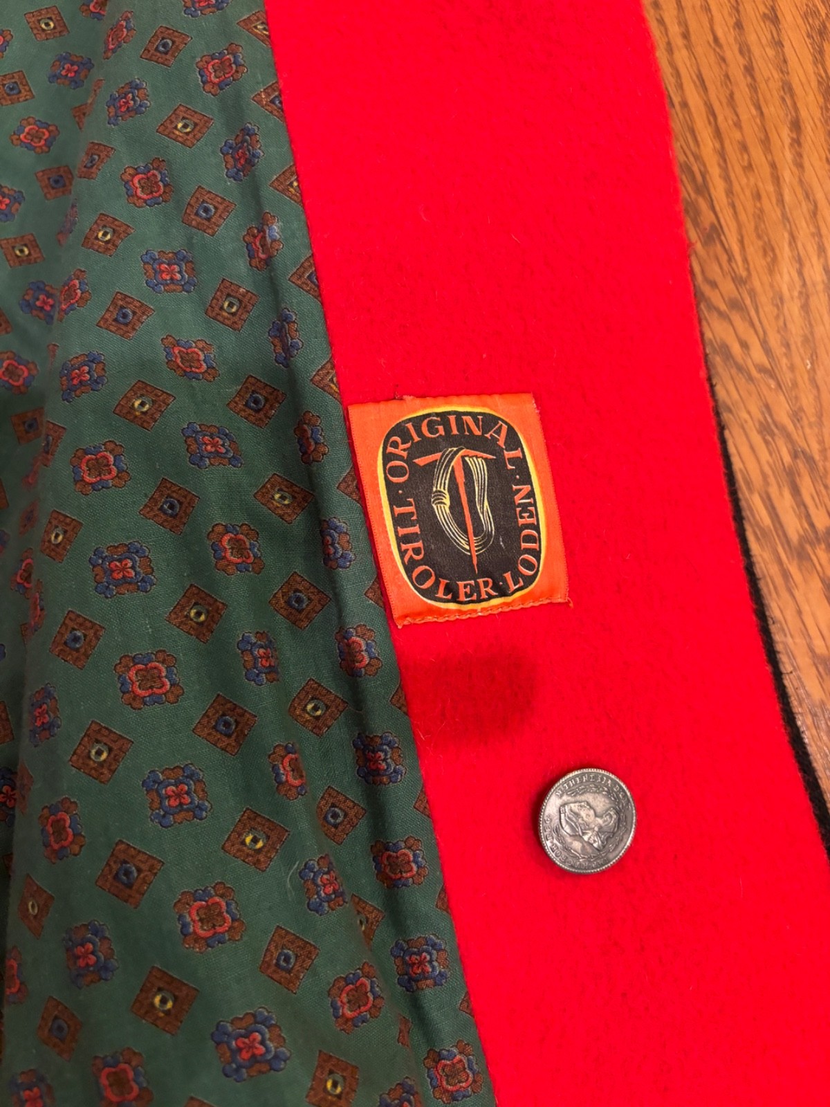 Vtg Tiroler Loden Austrian Wool Cape Coat Red /Green Floral Lining S/M