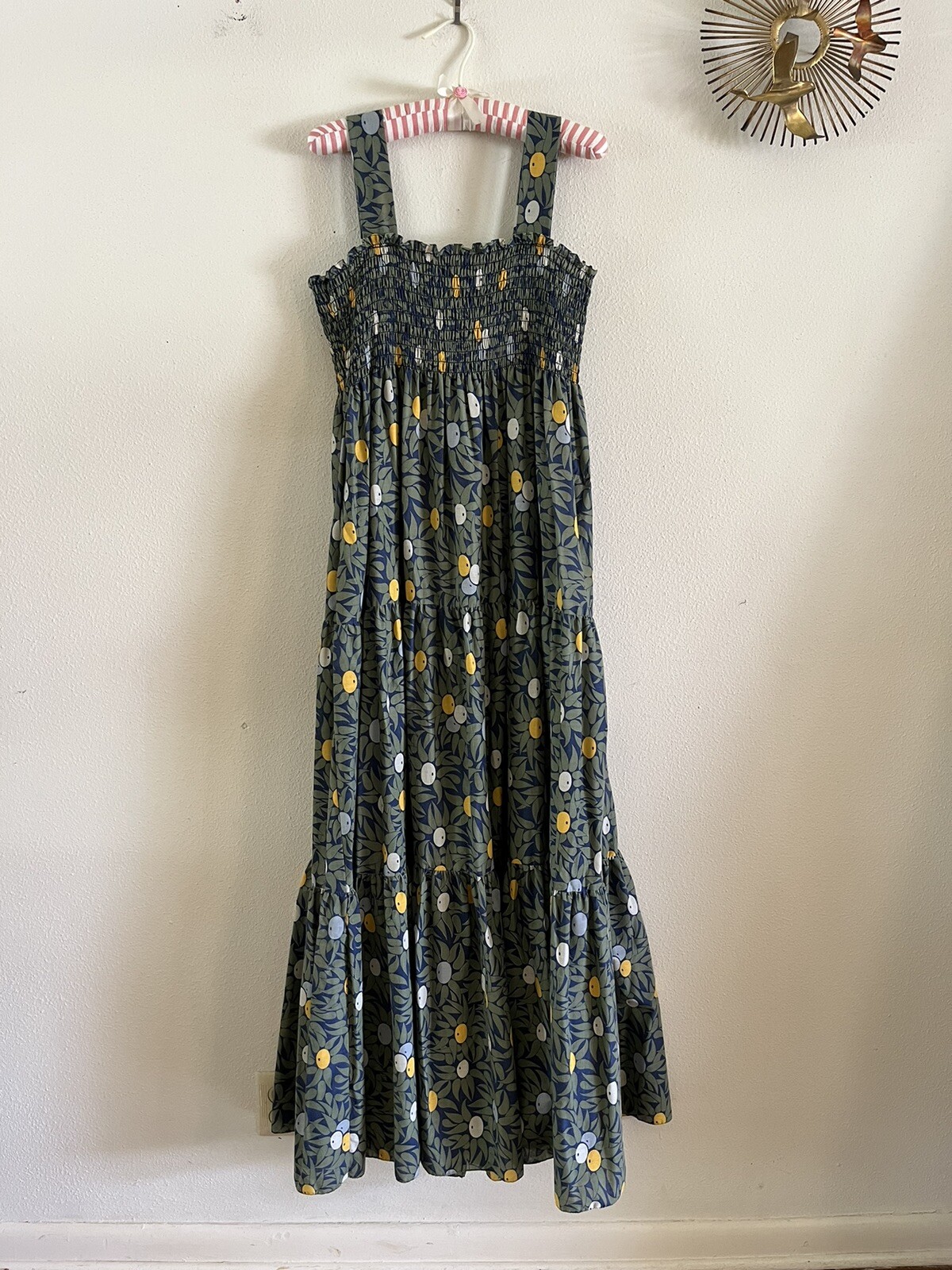 1970s Olive Print Smocked Maxi Dress Cotton Blend Hostess Resort Sundress OS VTG