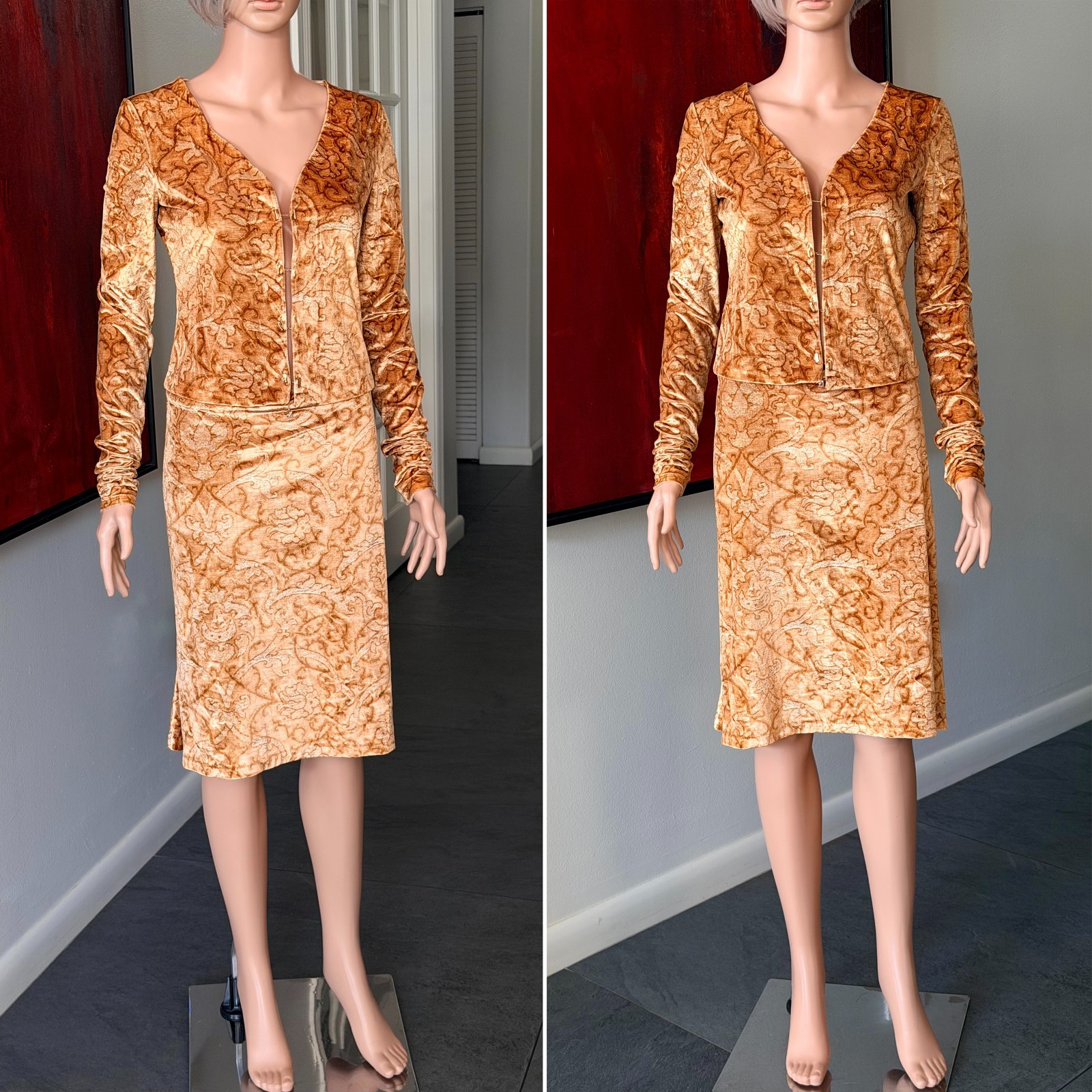 ROBERTO CAVALLI stretch velvet set top & skirt Baroque print from 1990s