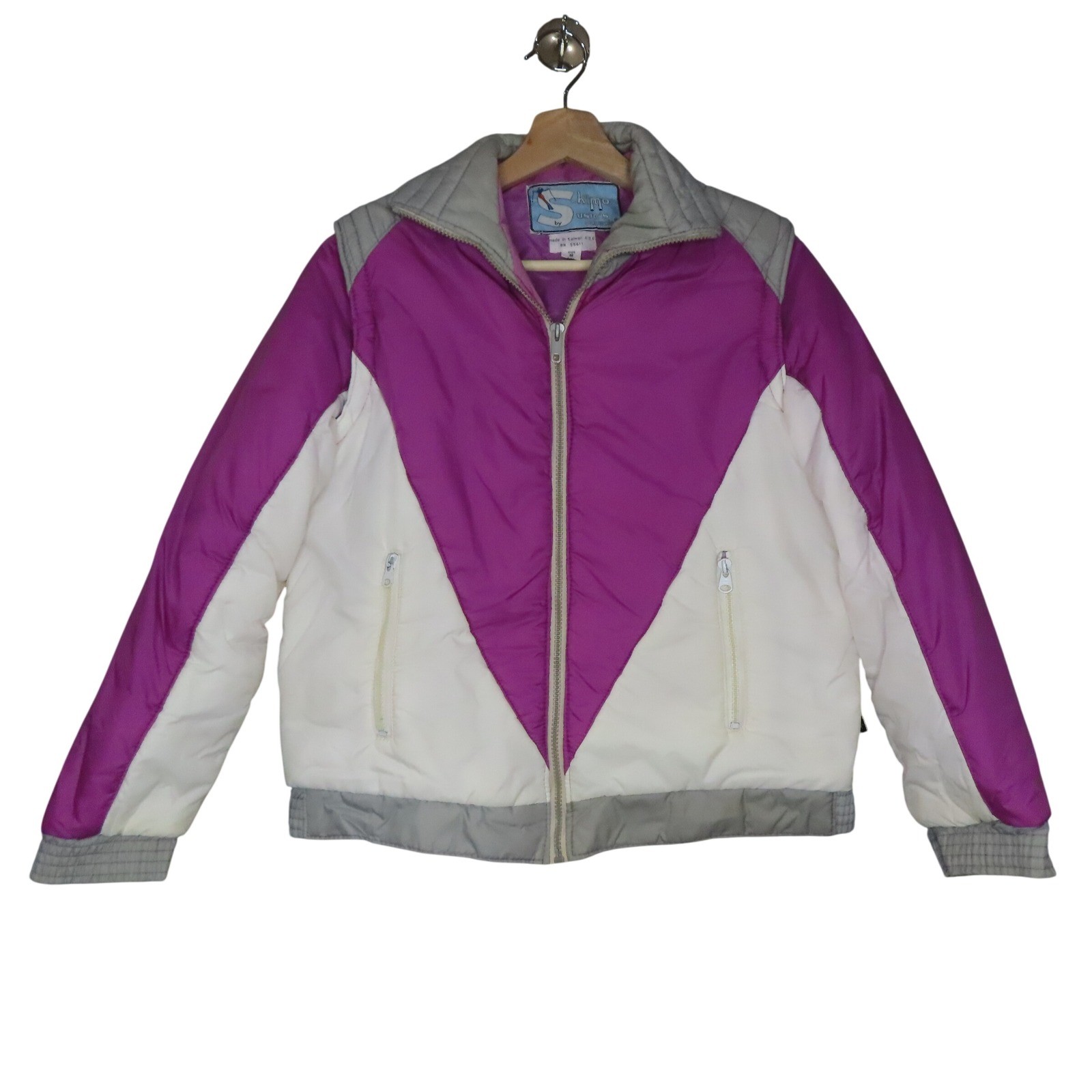 Vintage 80s Puffer Ski Jacket Womens Small Pink Colorblock Zip Off Sleeves Vest