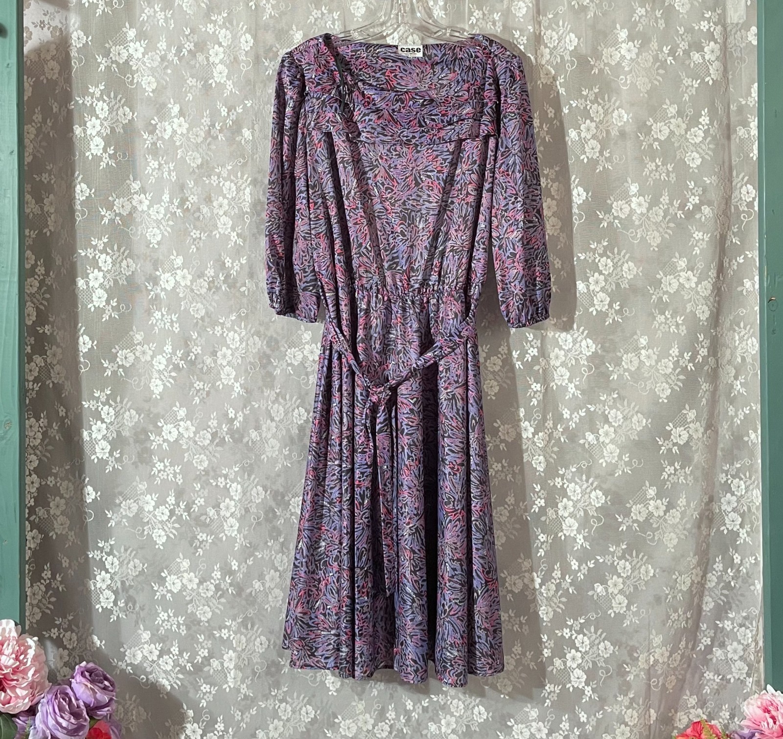Vintage 80s Dress Size XL 1980s Retro Abstract Purple Floral A-Line Casual Cute