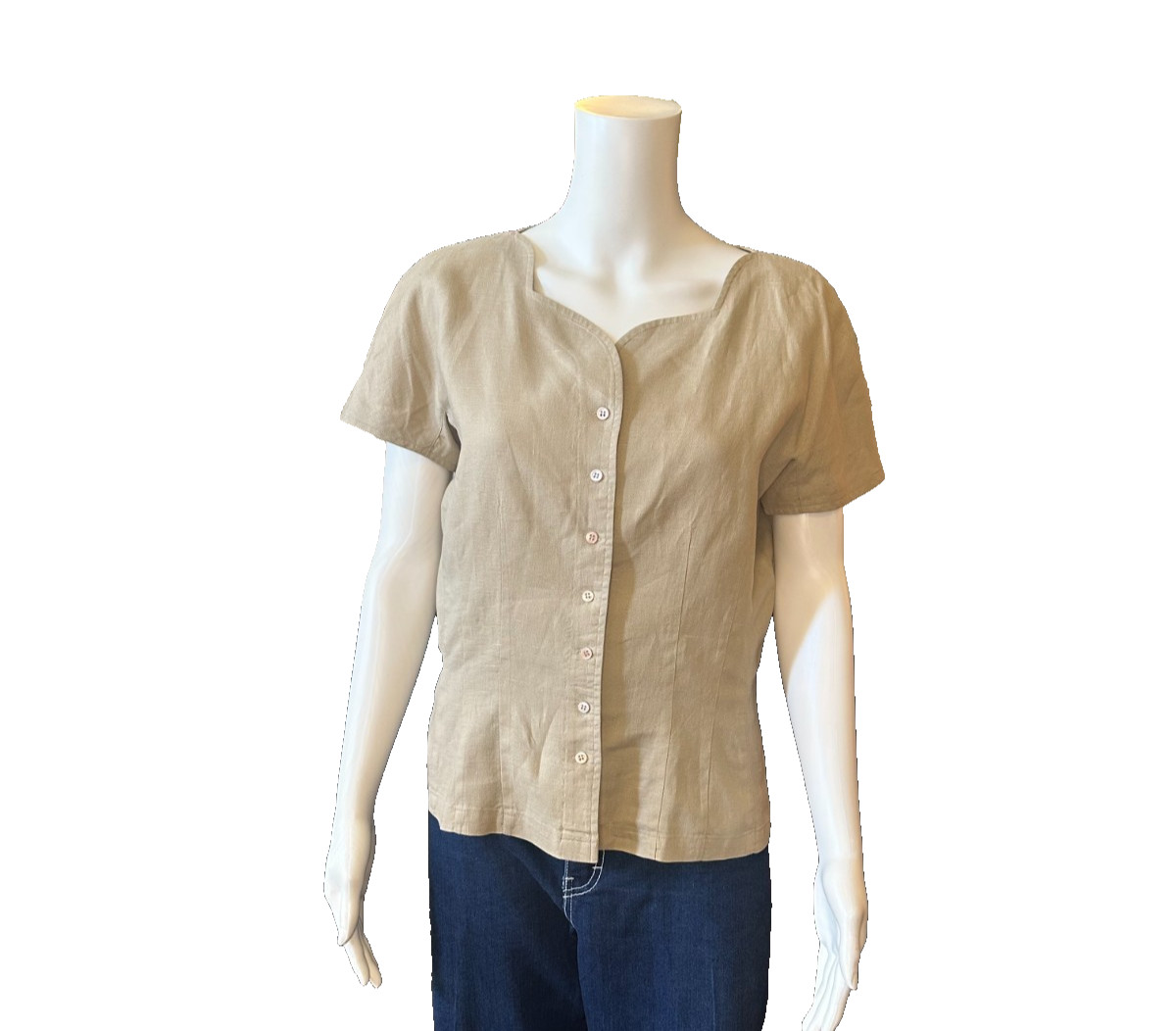 Claude Bennett Short Sleeve 100% Linen Size 12 tan button up blouse vtg