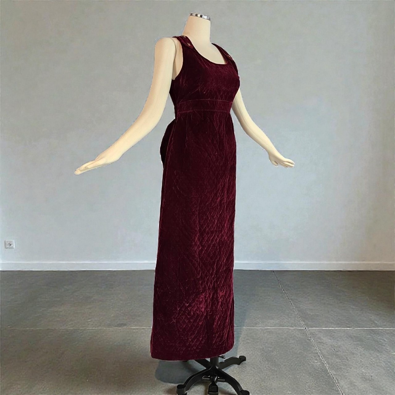 1970s Red Burgundy Quilted Velvet Maxi Dress Sleeveless Gown Vintage 70s