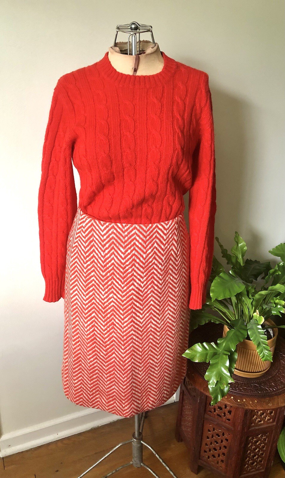 Bright Coral Shetlander Crazy Horse Wool Cable Knit Sweater