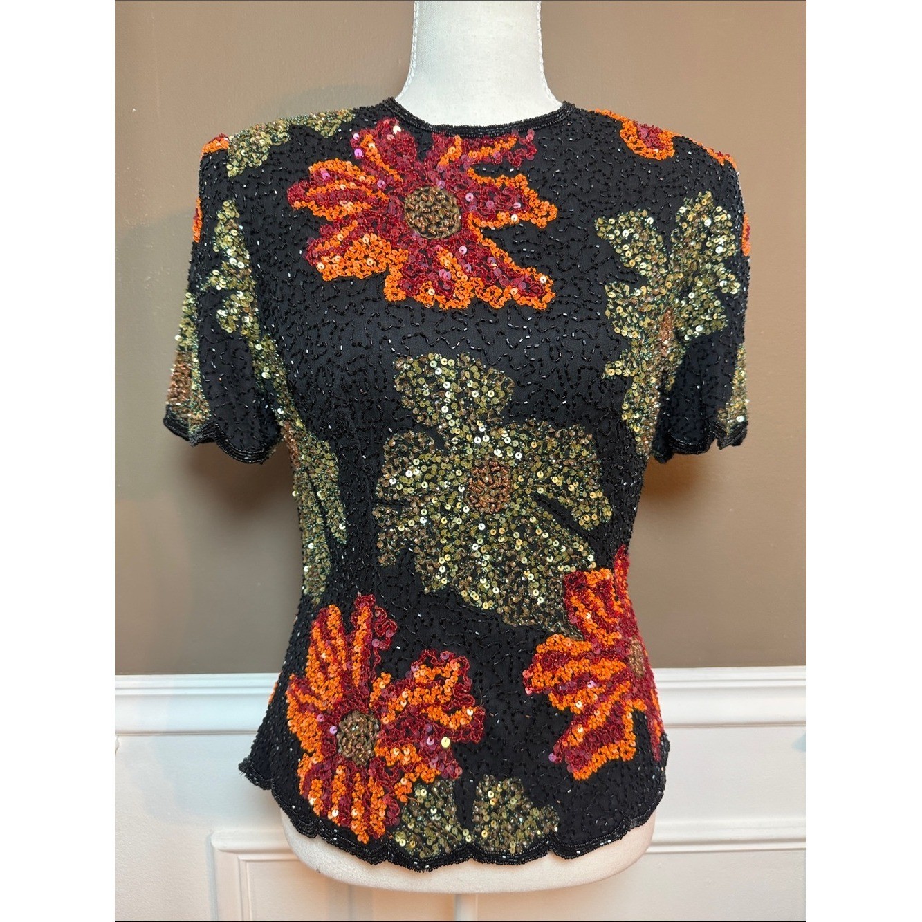 Vintage Silk Beaded Floral Top Black Sequin Scalloped Fitted M