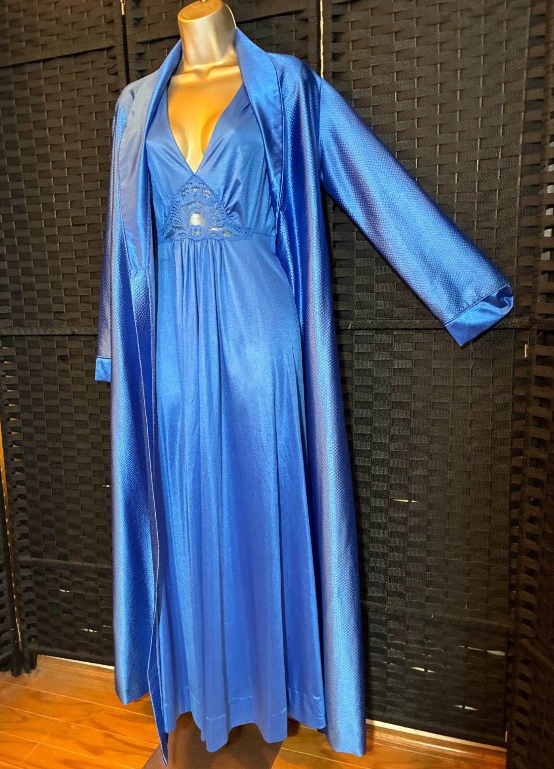 Vintage VAN RAALTE PEIGNOIR SET Medium ROYAL BLUE Sweep GOWN Long ROBE Lace 0215