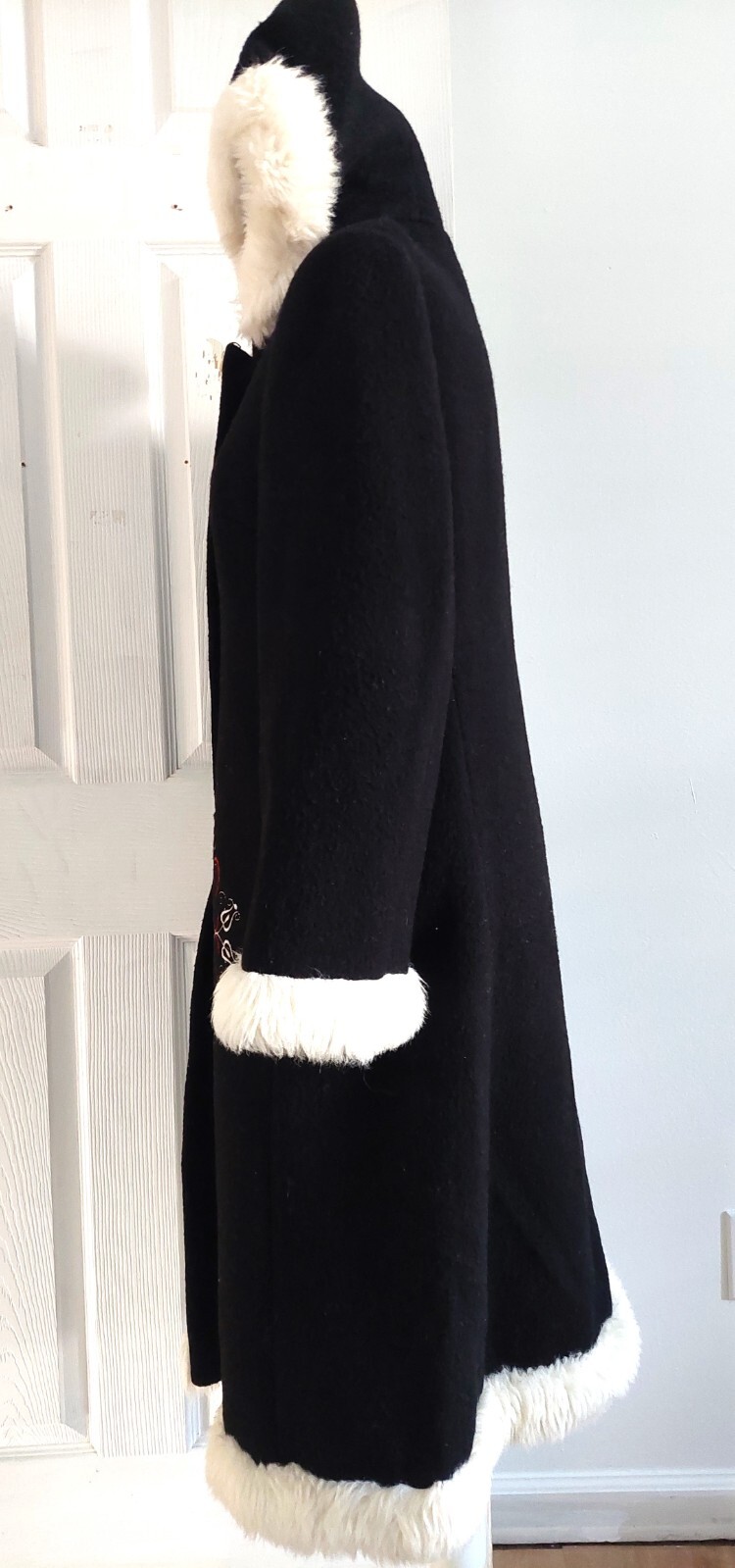 Vtg Wolfstaedter 1960’s Black Faux Fur Trim Swing Coat L Wool Lined MCM