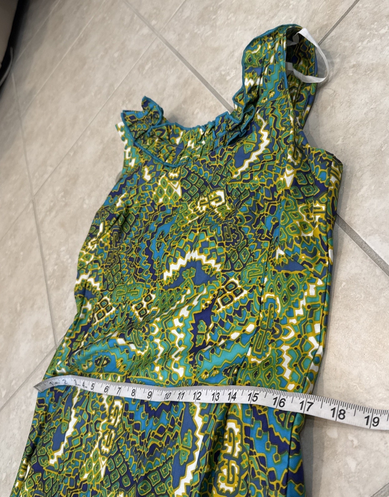 VTG Rhapsody By Glazier Dress Sleeveless Green Blue Geometric Maxi Dress Sz M