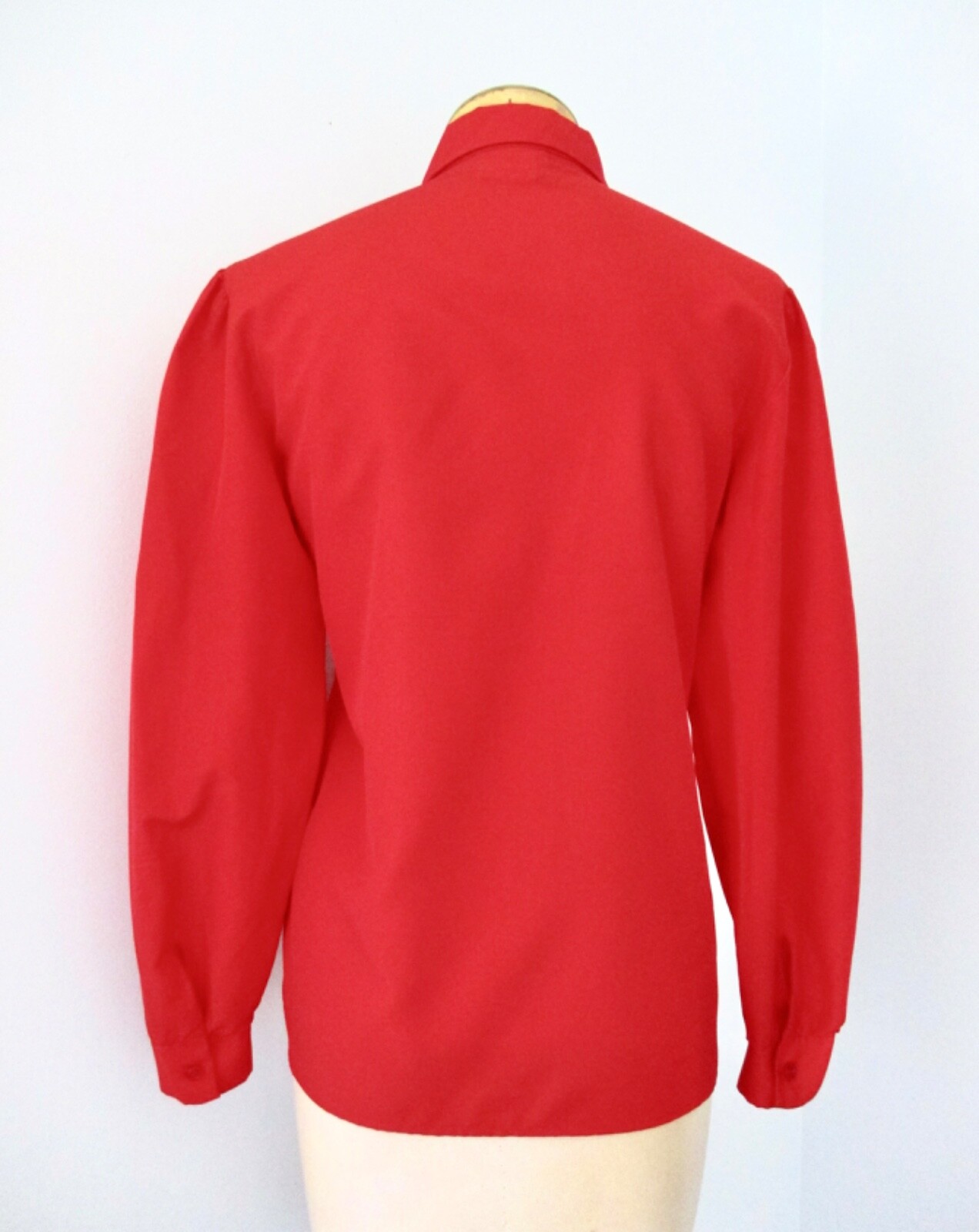Vtg 70s 80s Red Silky Secretary Blouse Top Pin Tuck Tuxedo Pleats Puff Slvs 10